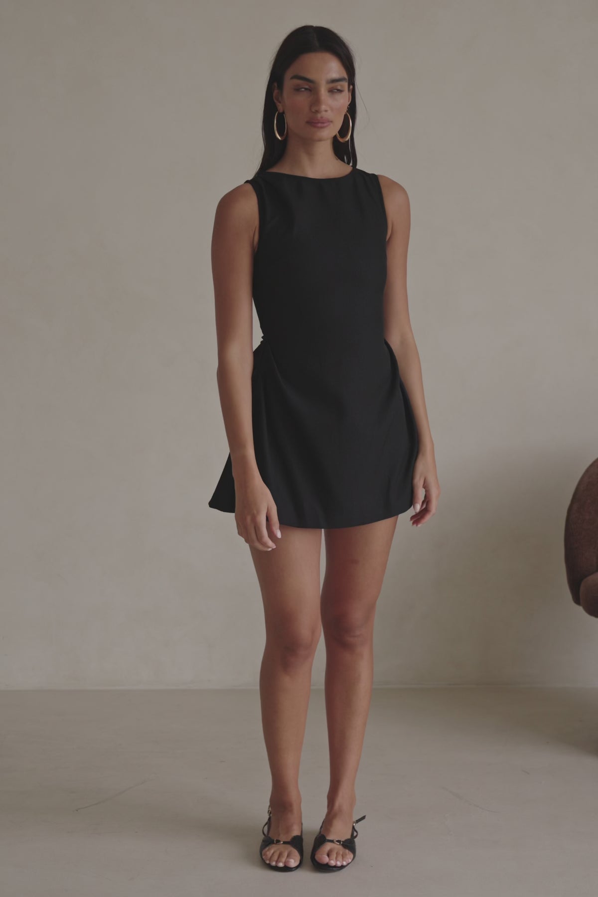 Black Suiting Pleat Mini Camellia Dress