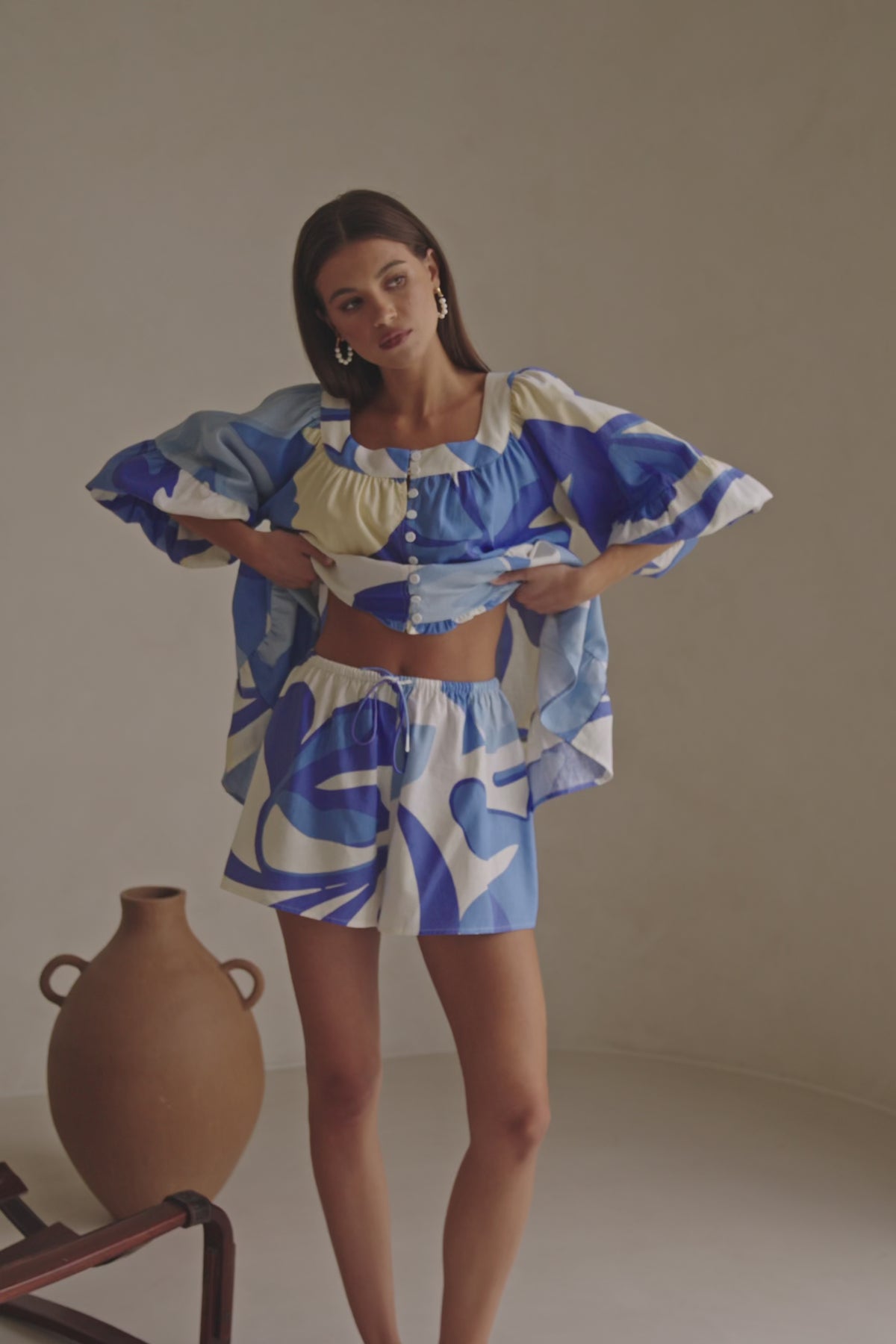 Vally Blue Print Elastic Drawstring Elara Shorts