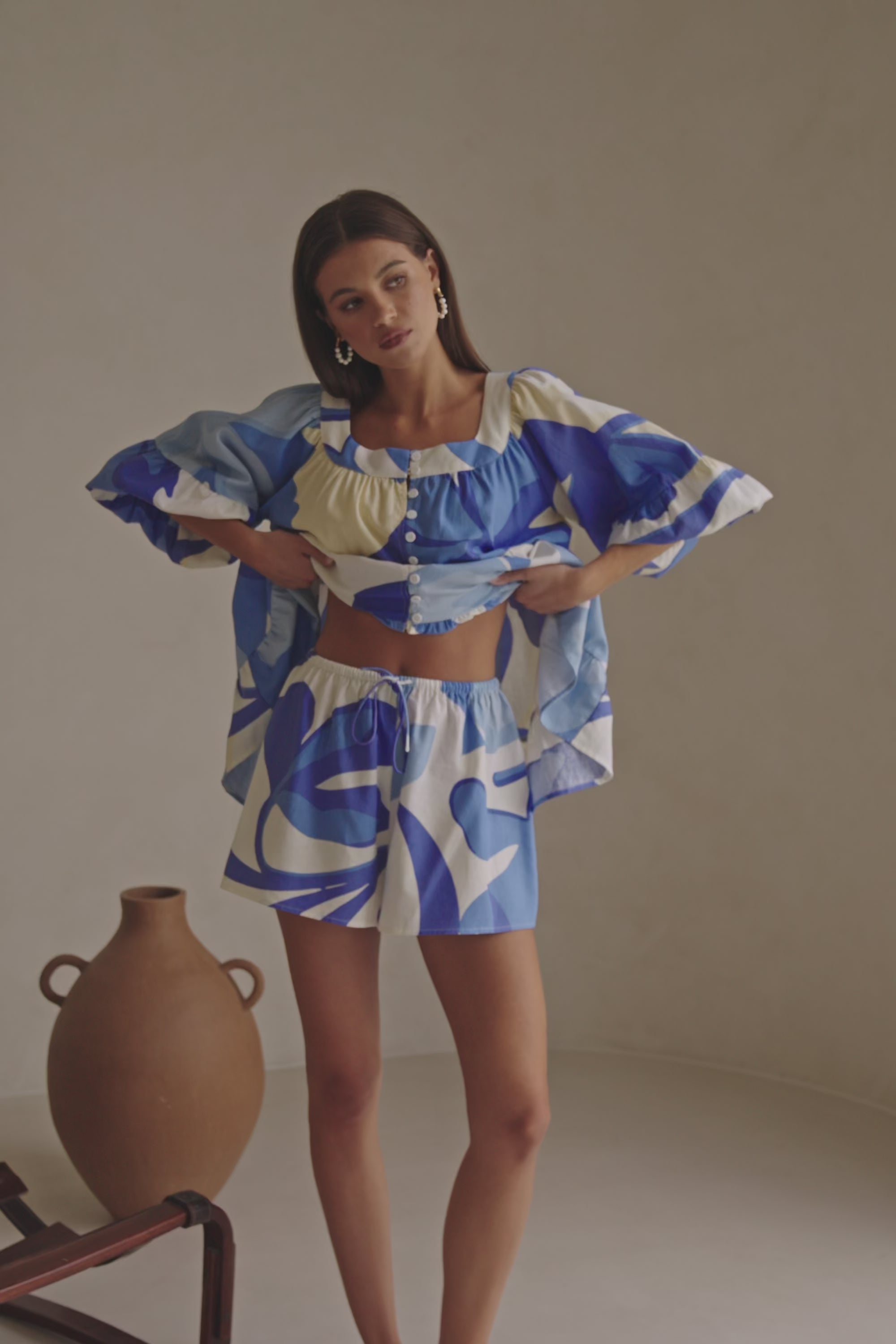 Vally Blue Print Elastic Drawstring Elara Shorts