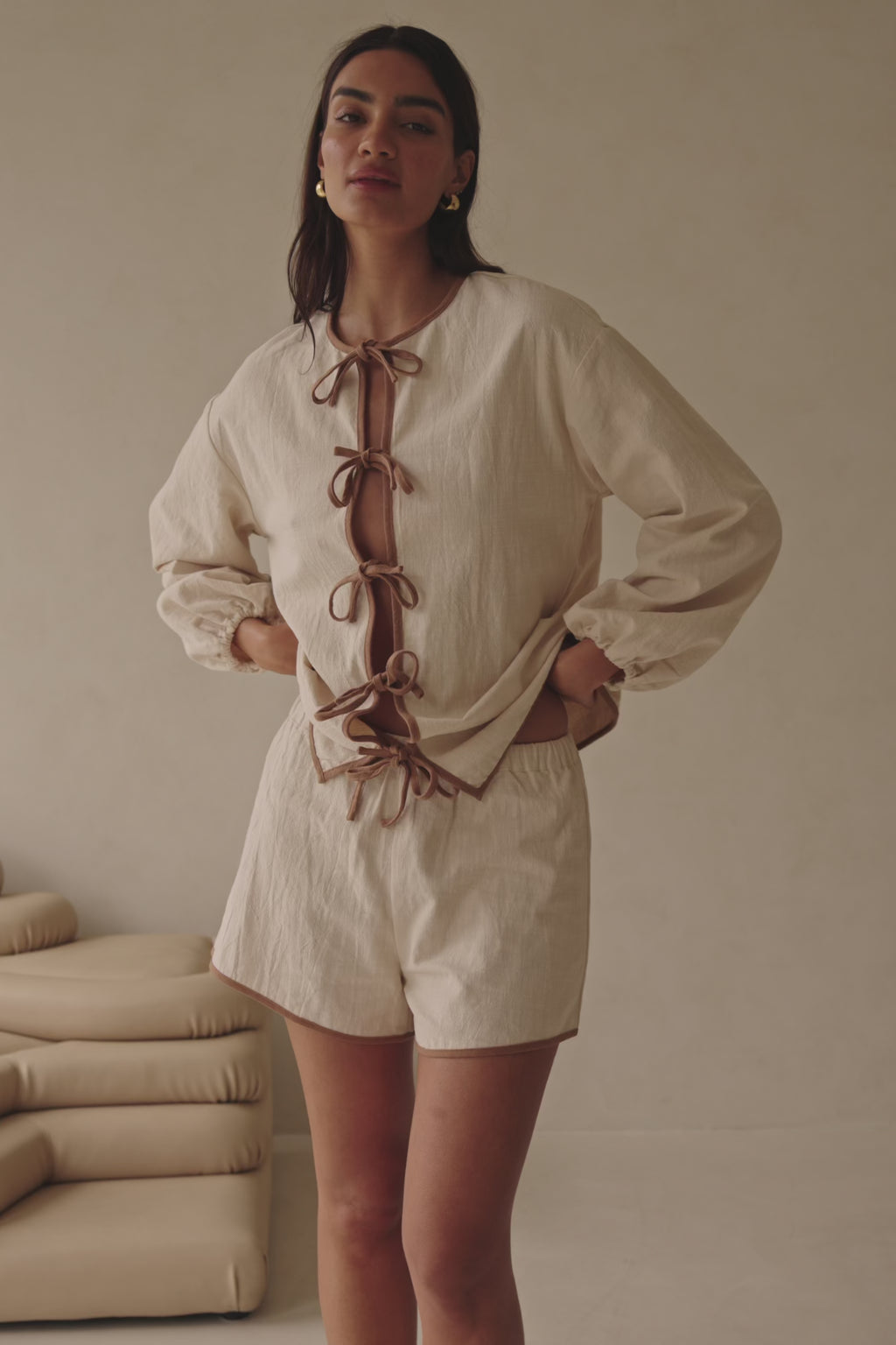 Beige Puff Sleeve Front Tie Paloma Top