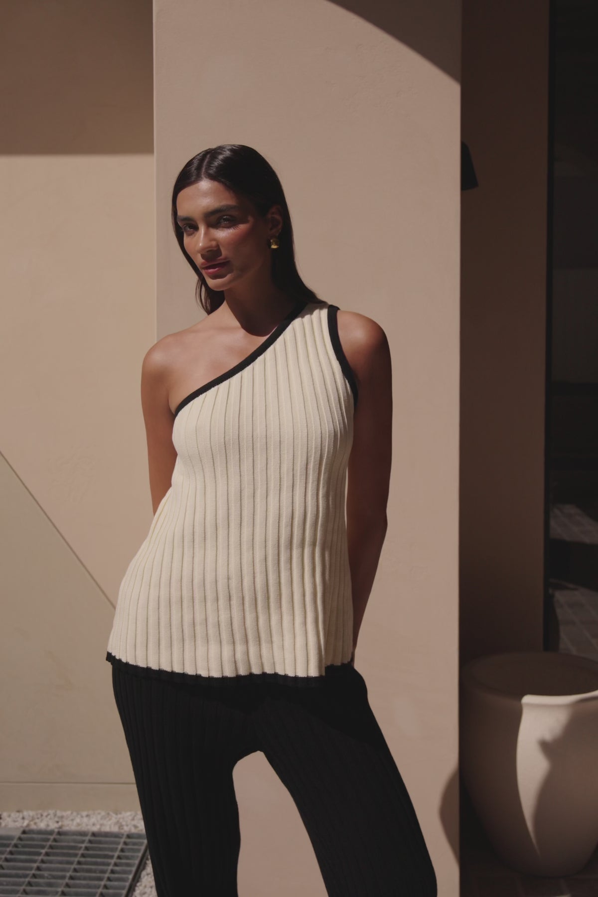 Cream Ribbed One Shoulder Aylani Top
