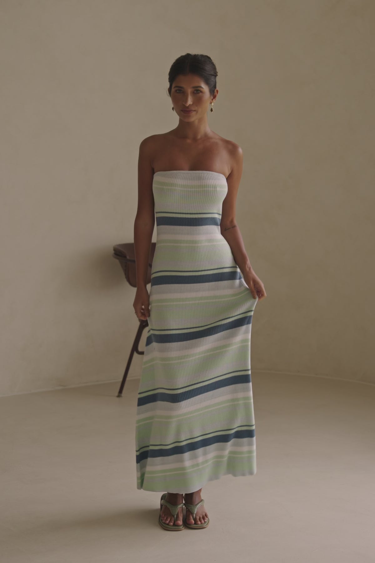 Green and White Stripe Strapless Maxi Anya Dress