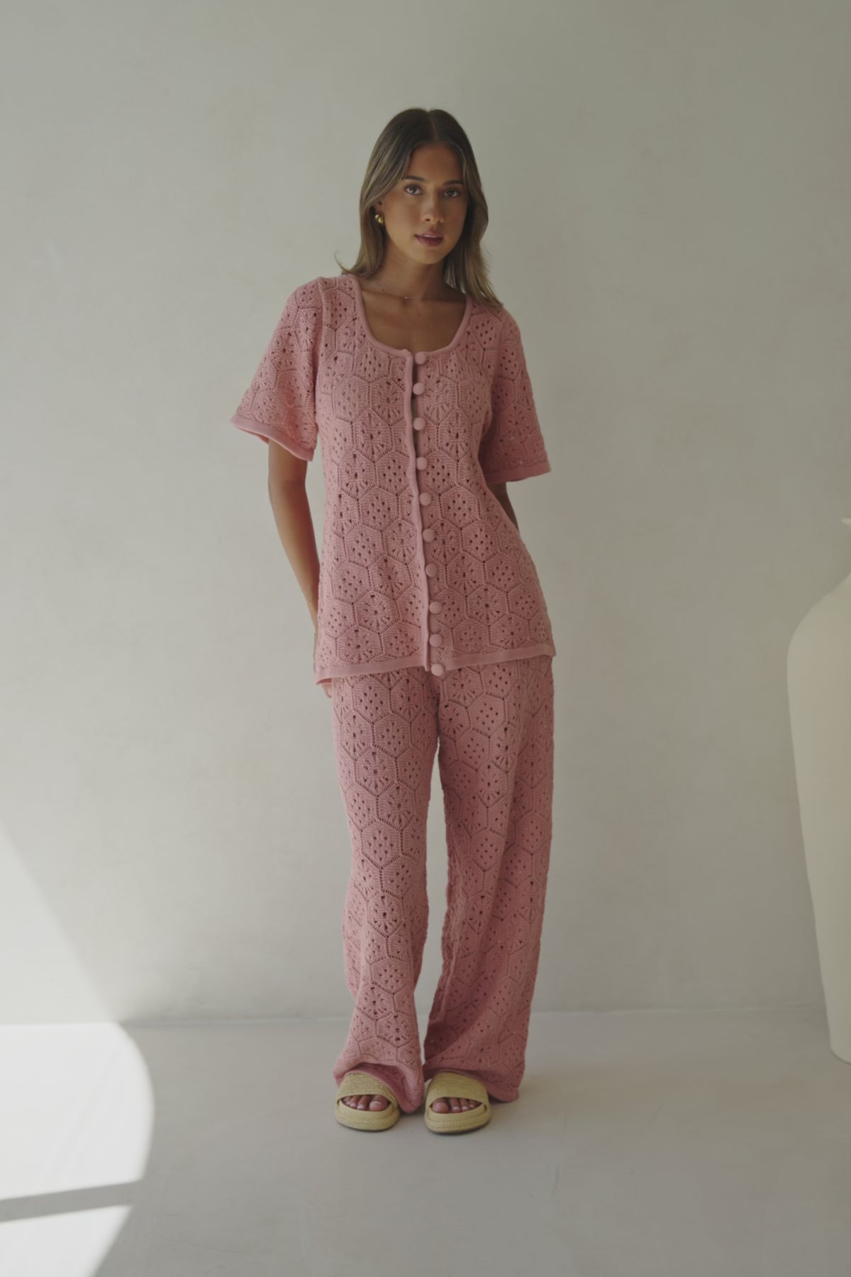 Blush Pink Crochet Knit Button Up Umiko Top