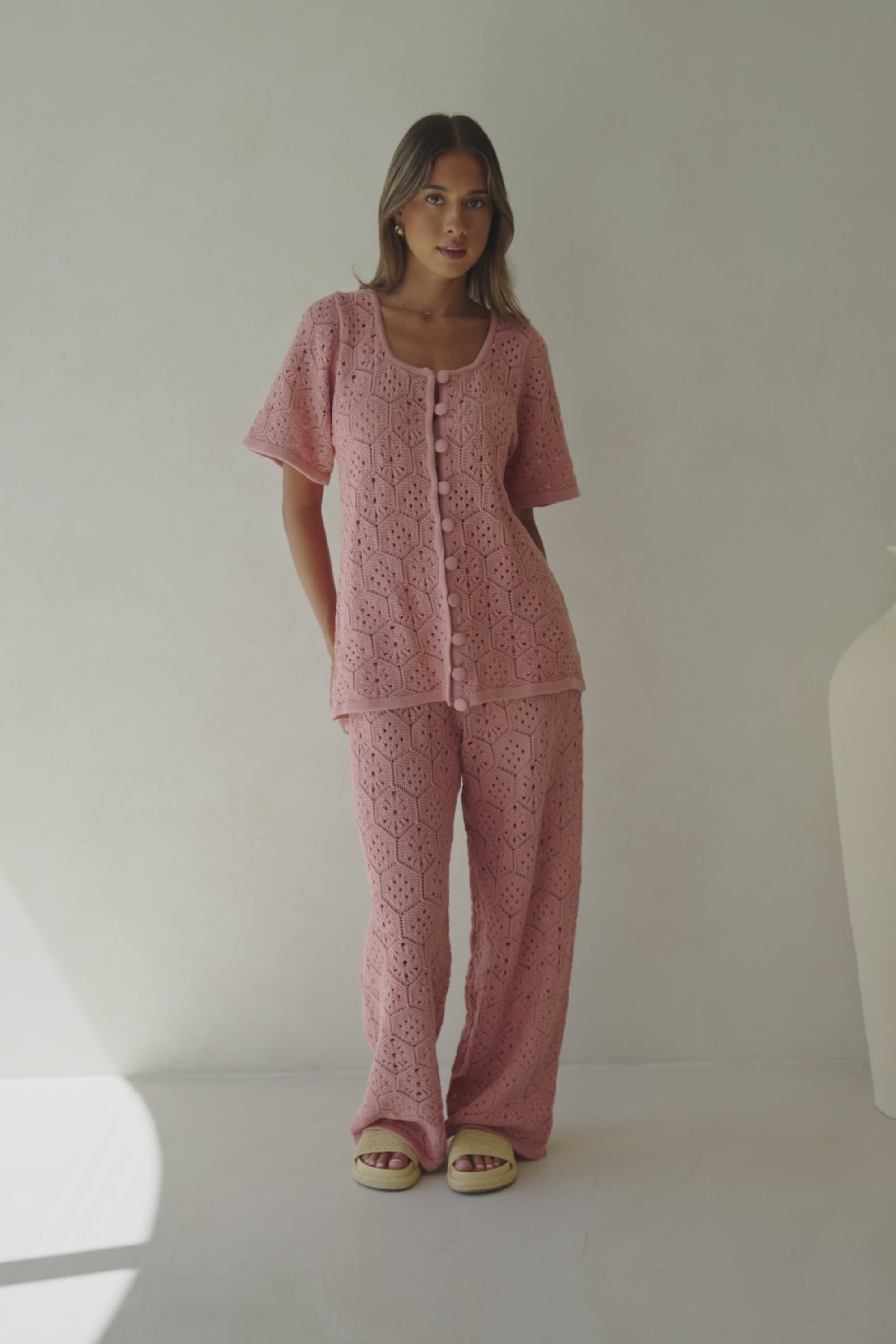 Blush Pink Crochet Knit Button Up Umiko Top