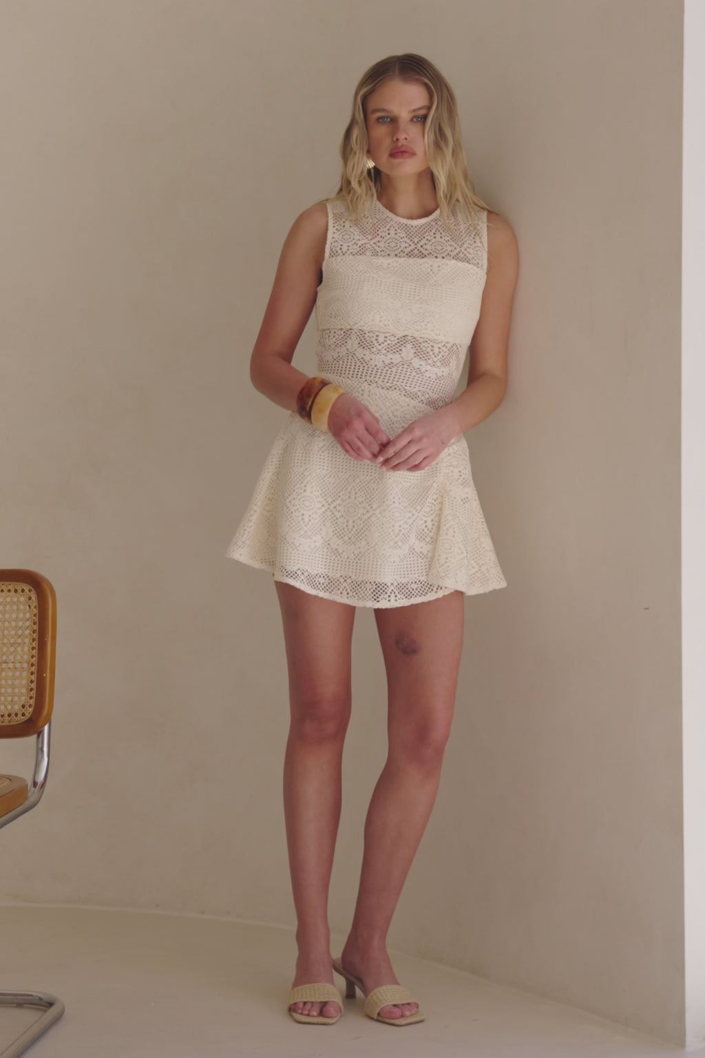 Beige Vintage Lace Mini Gem Dress