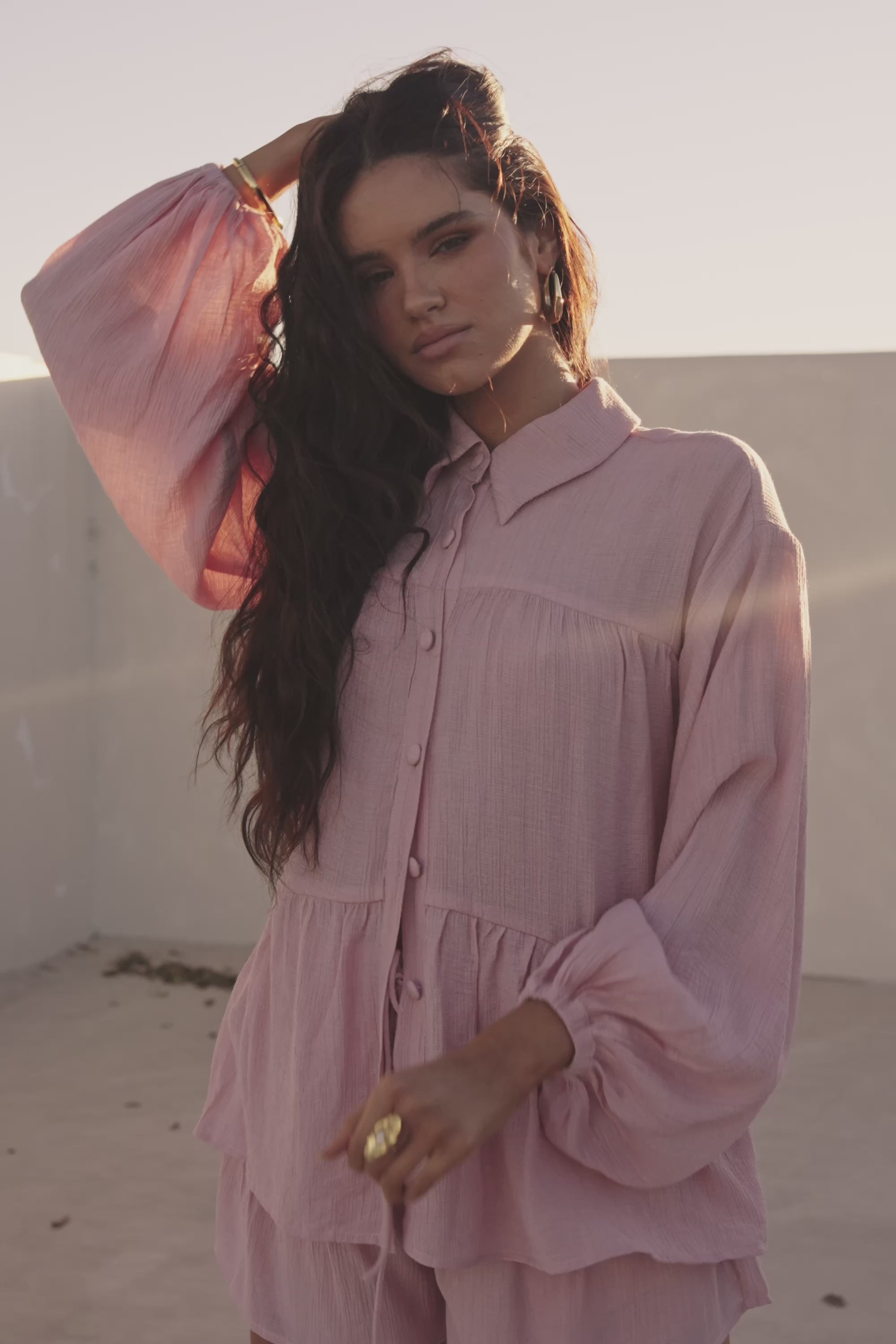 Blush Pink Long Sleeve Button Up Panel Huxley Top