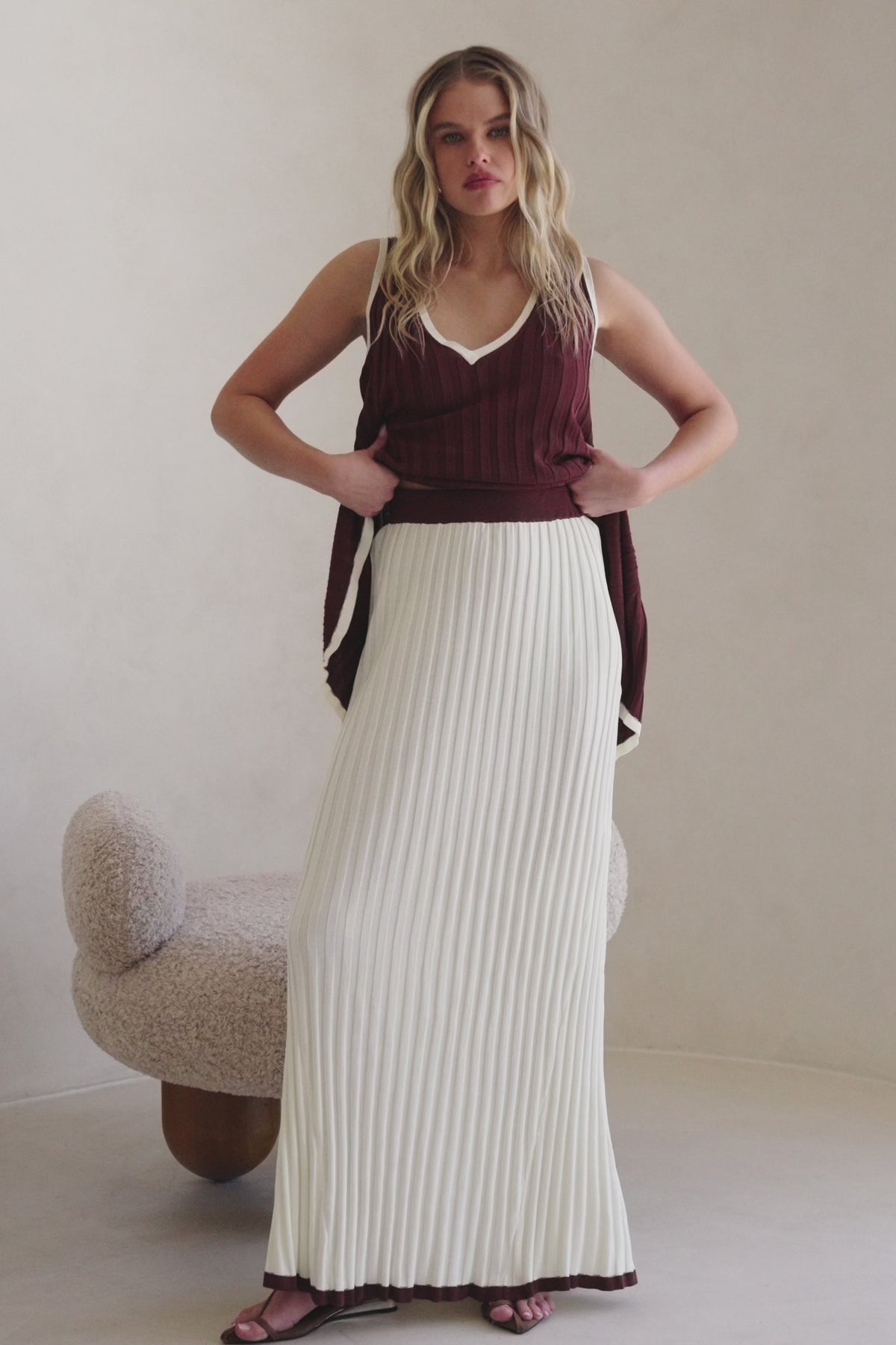 Cream Ribbed High Waist Silla Skirt