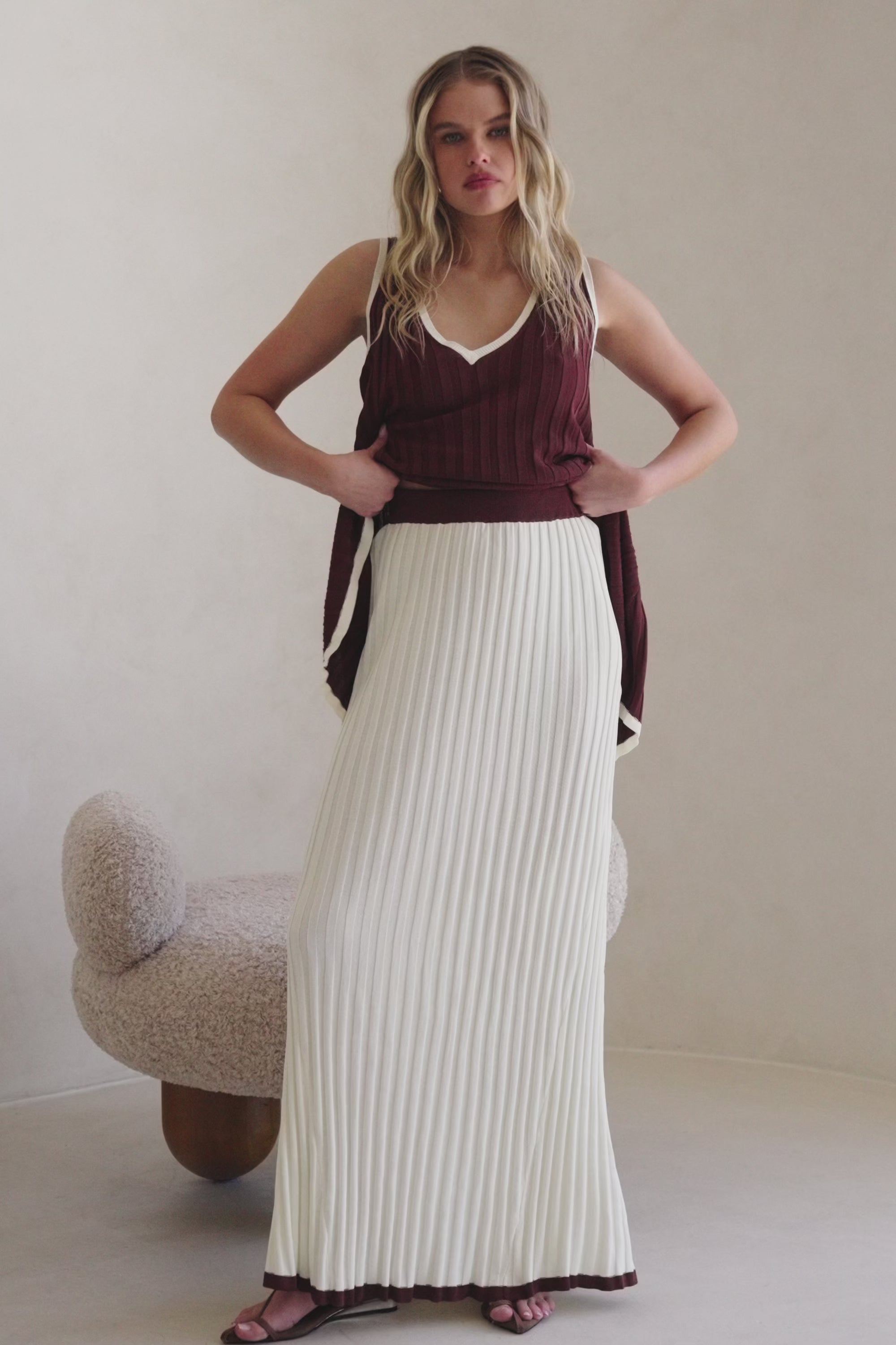 Cream Ribbed High Waist Silla Skirt