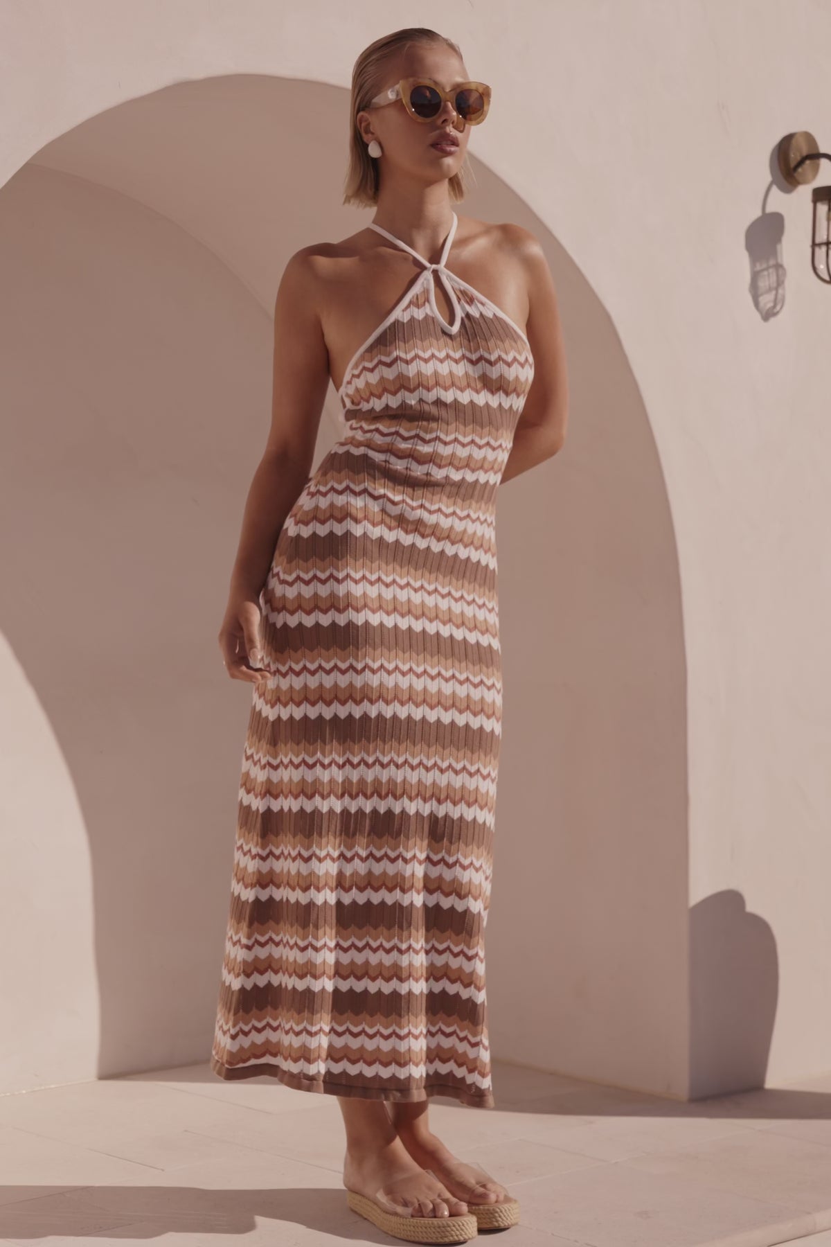 Brown and Tan Zig Zag Stripe Halter Maxi Bexley Dress