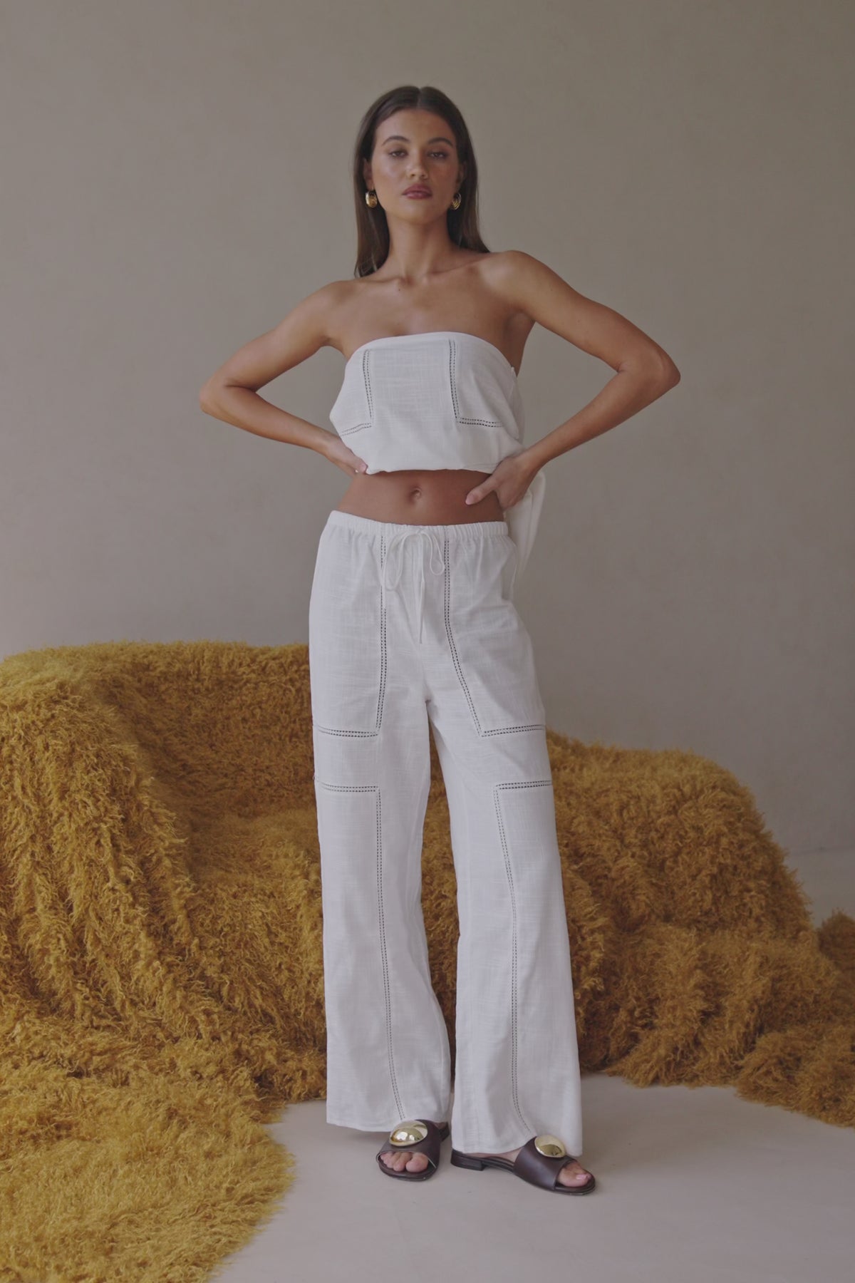 White Cheesecloth Elastic Drawstring Carissa Pants