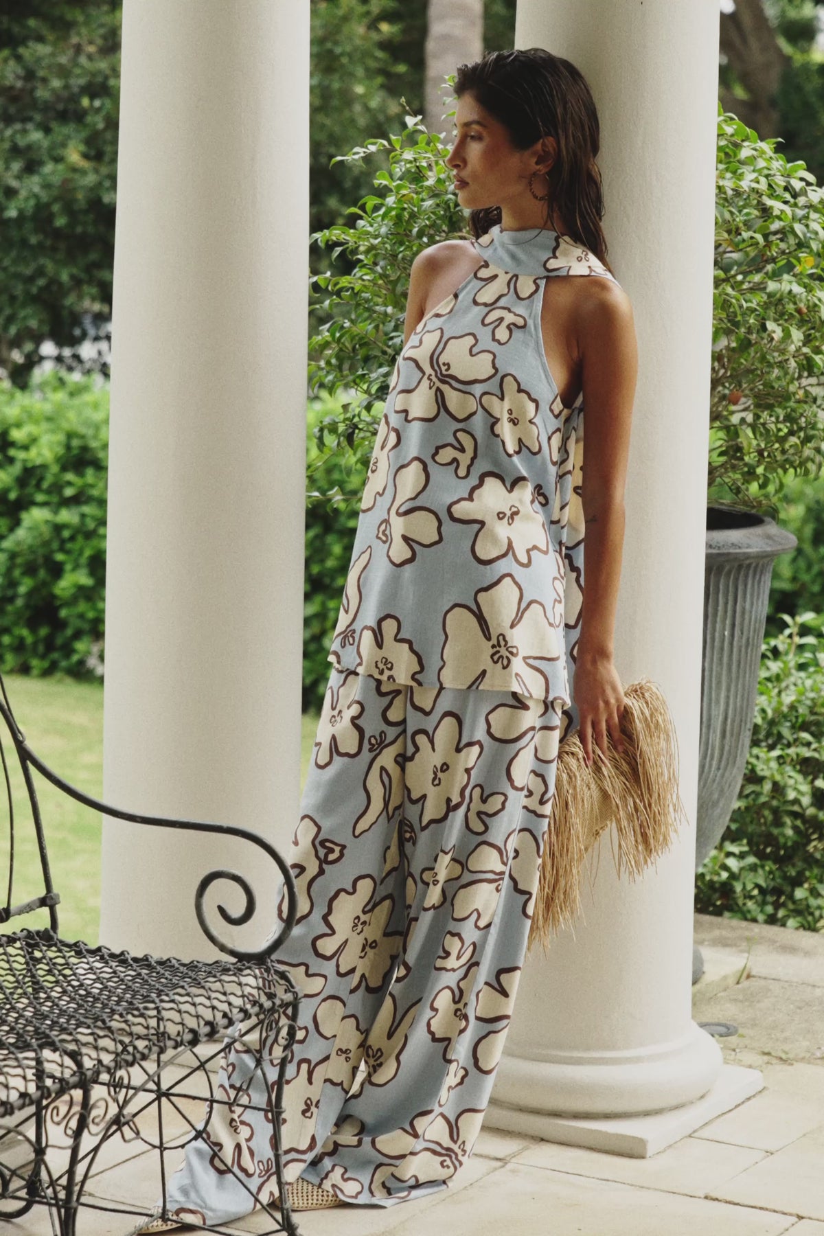 Blue Outline Floral High Waist Pocket Iras Pants