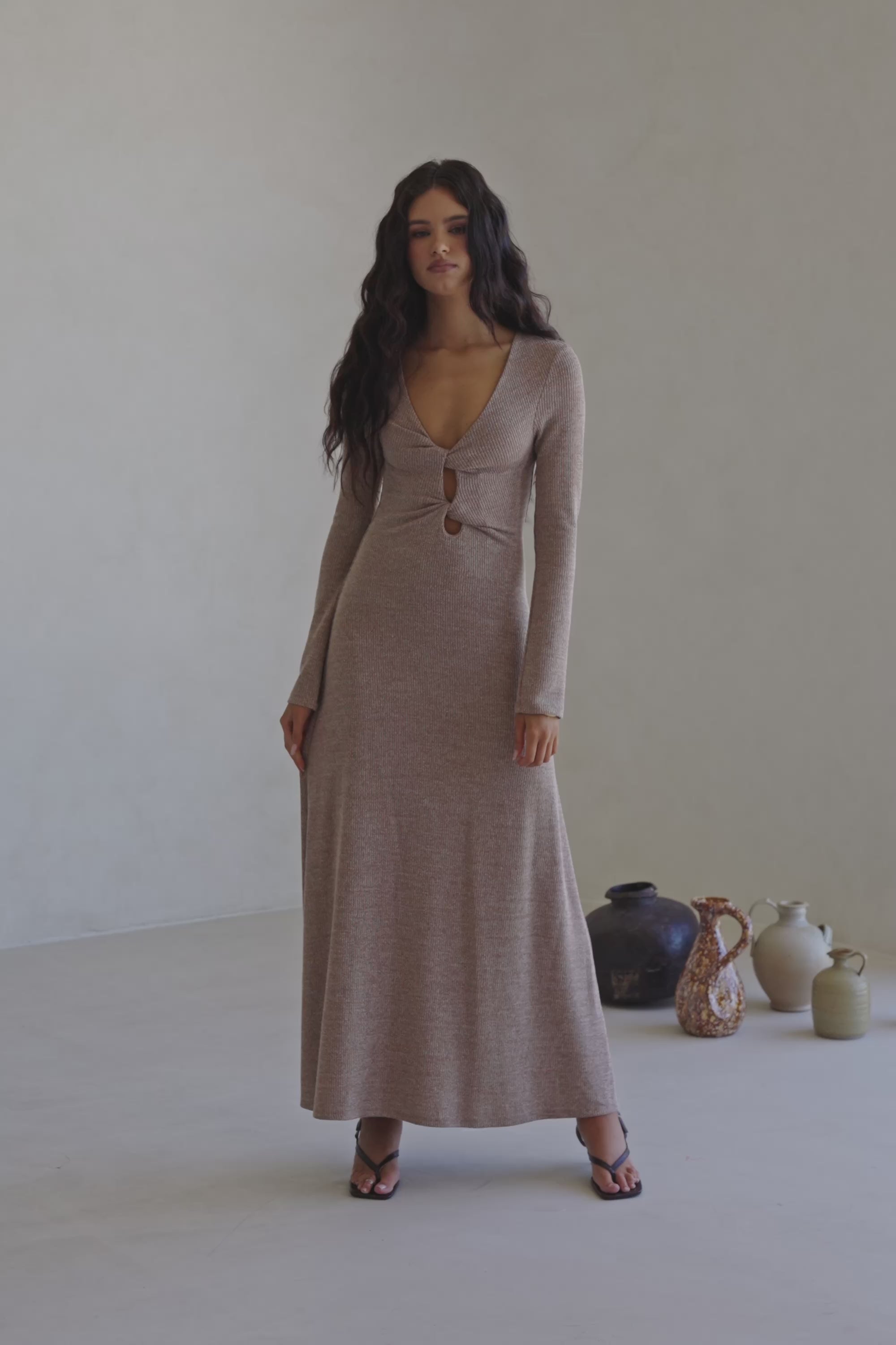 Tan Long Sleeve Cut Out V Neck Maxi Belora Dress