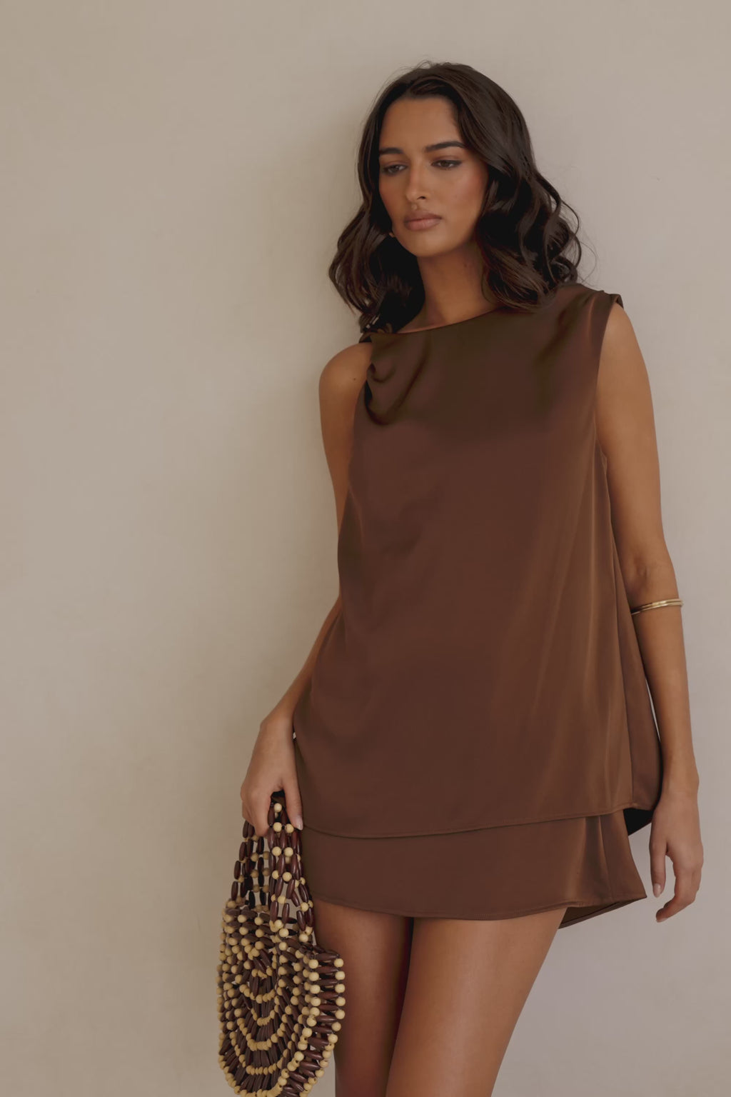 Chocolate Brown Silk Asymmetrical Mini Genoa Dress
