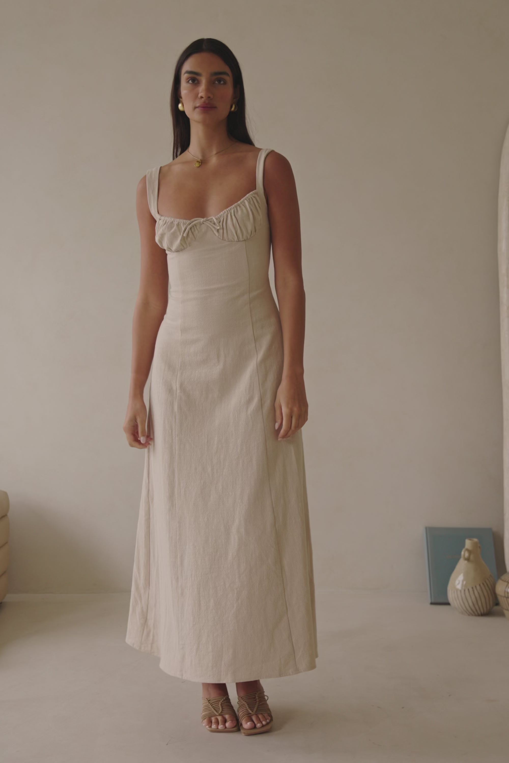 Beige Milkmaid A-Line Maxi Arlette Dress