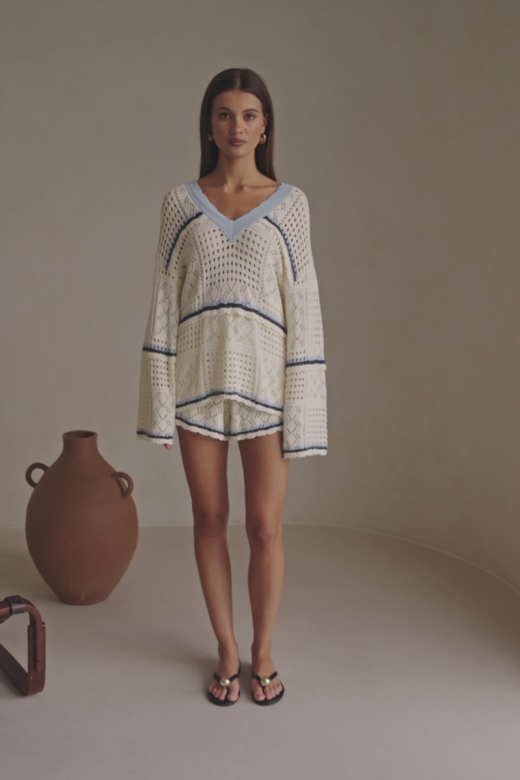 Cream Cotton Crochet Knit Long Sleeve Boxy Balia Top