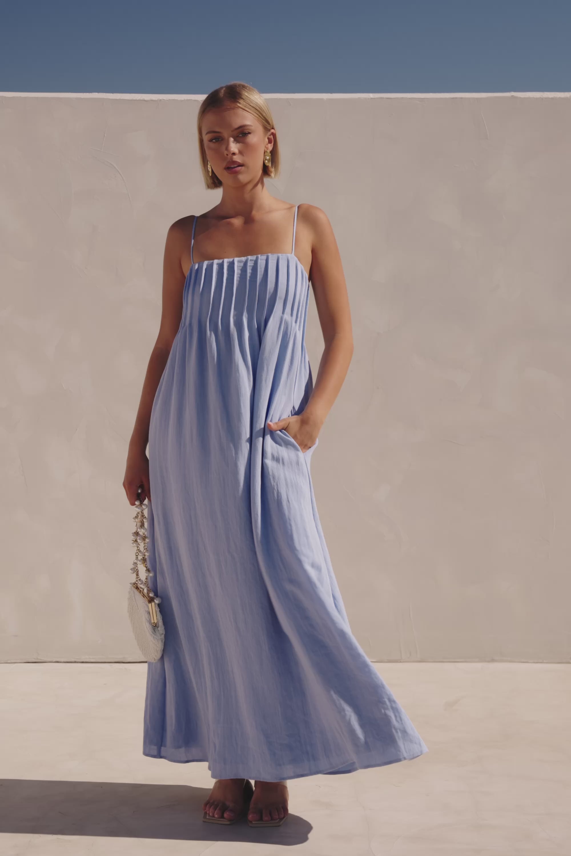Blue Pin Tuck Pleat Maxi Ada Dress