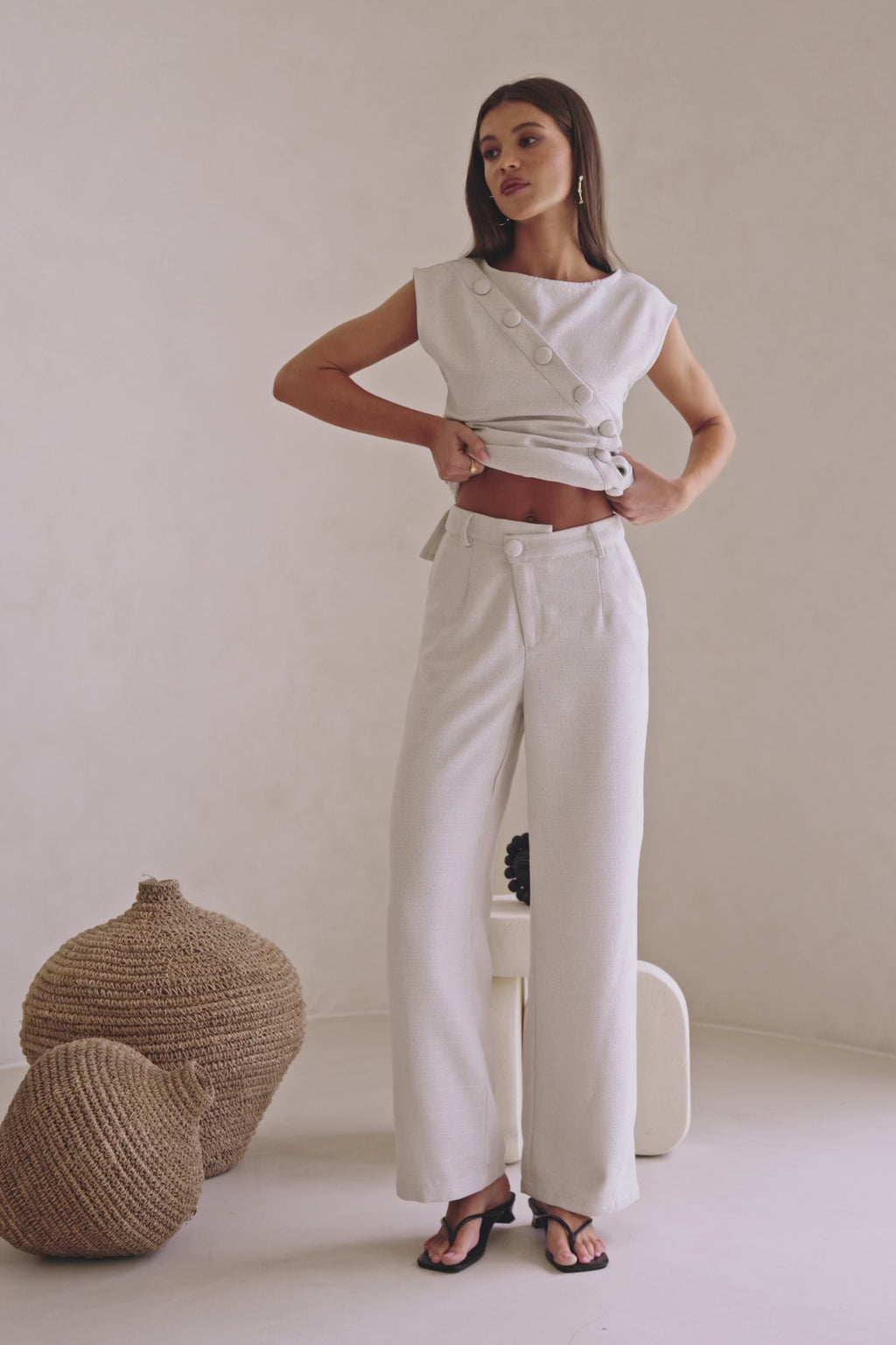 Beige Asymmetric Waist Straight Leg Azul Trouser Pants