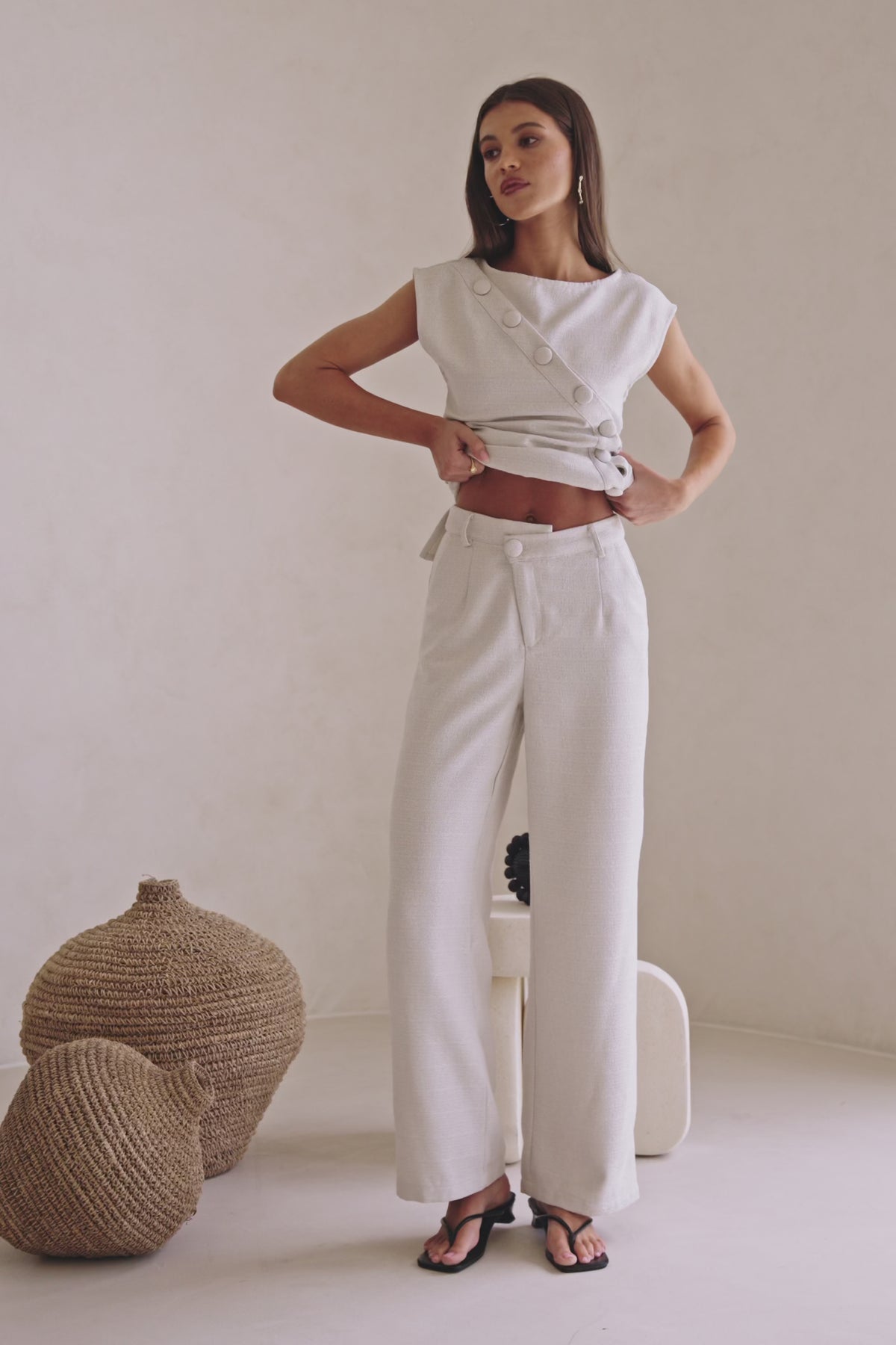 Beige Asymmetric Waist Straight Leg Azul Trouser Pants