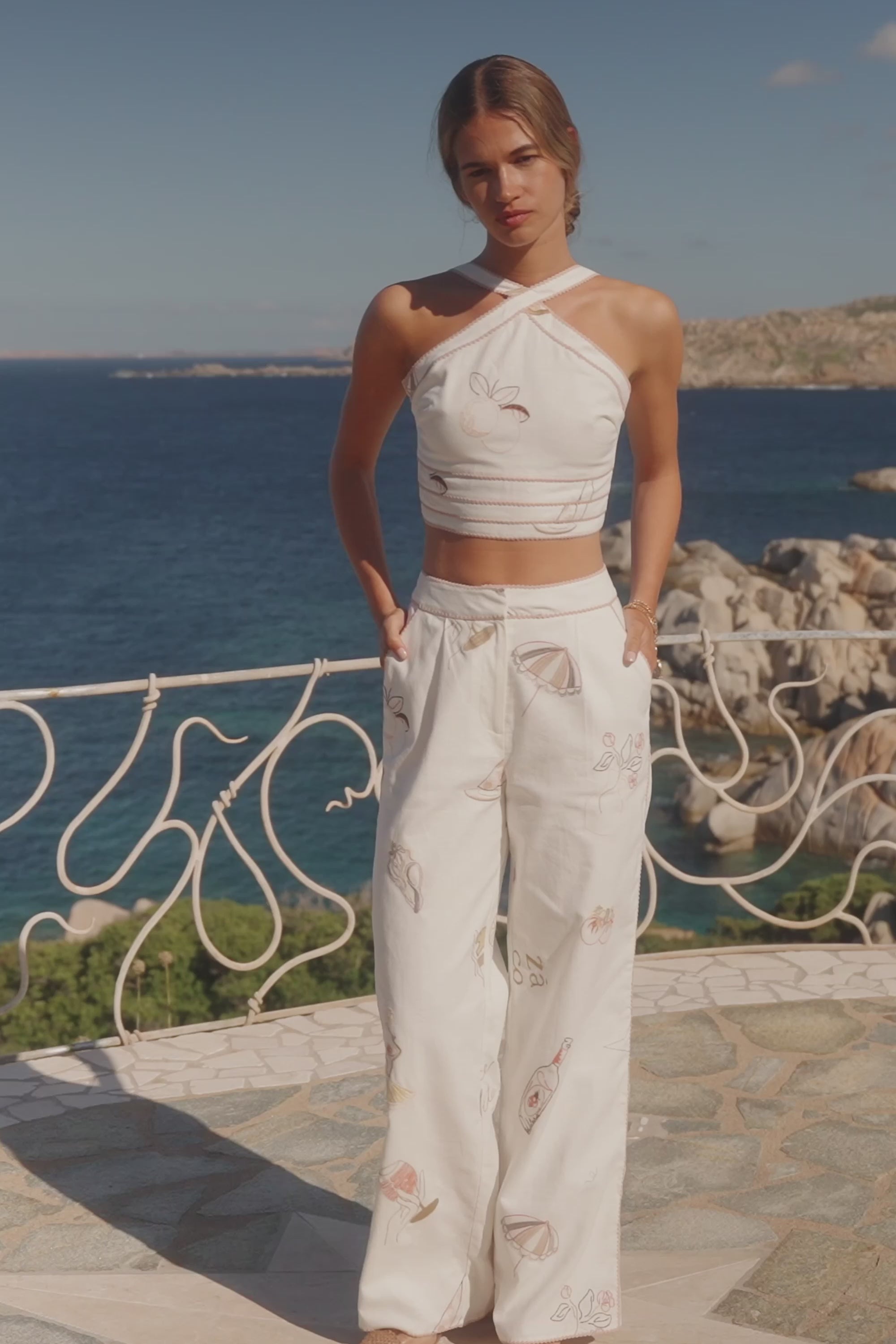 Paradise Halterneck Embroidered Cove Crop Top - Serenita, White, Beige, Pink