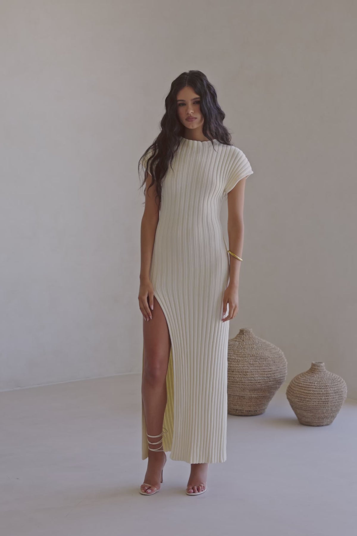 Cream High Neck Short Sleeve Split Maxi Gemini Dress