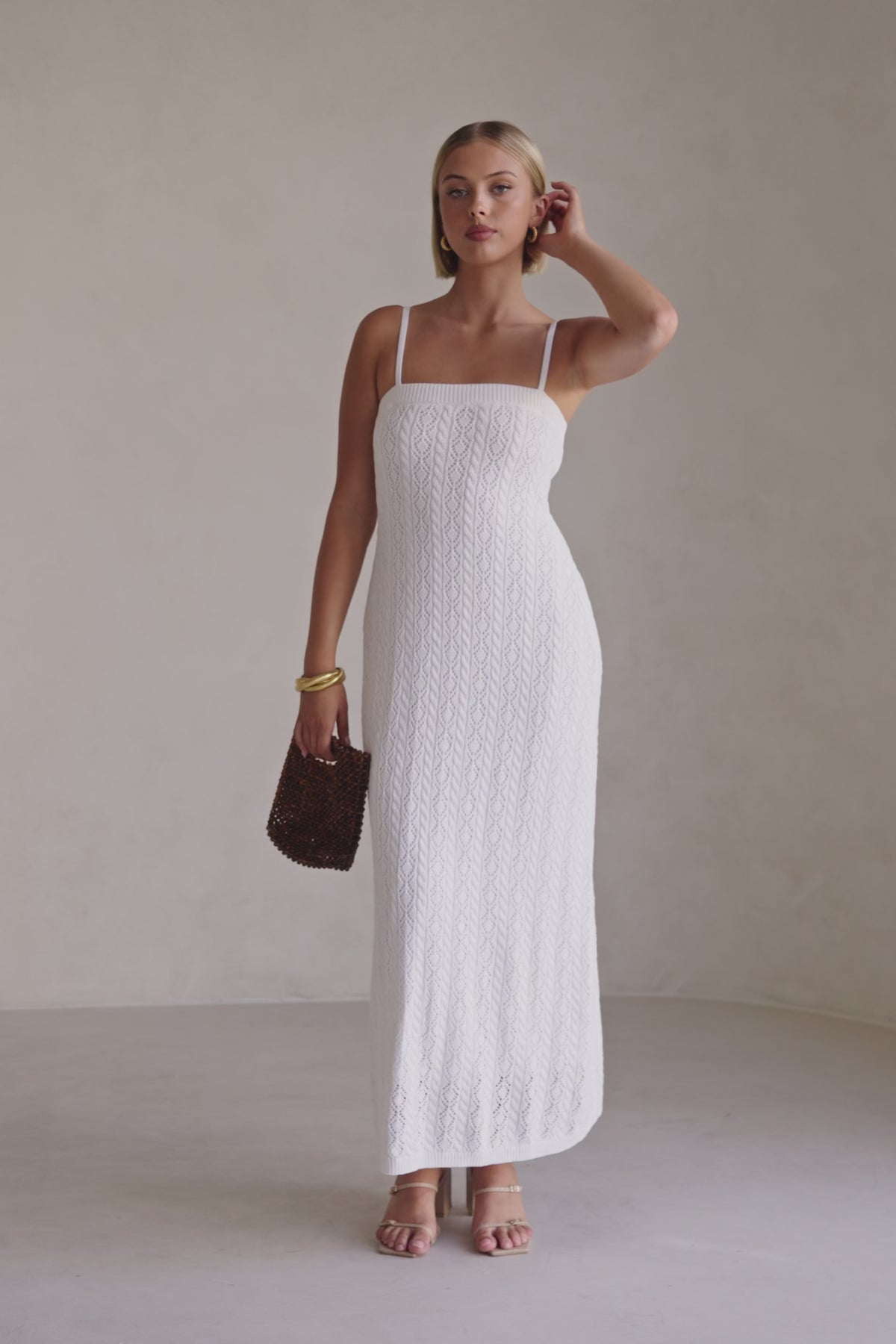 White Crochet Knit Strappy Maxi Trieste Dress