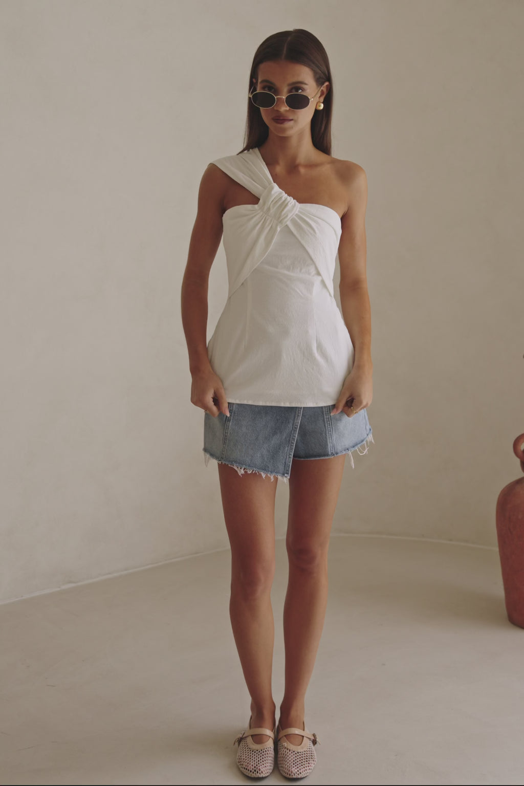 White Cotton One Shoulder Vivia Top