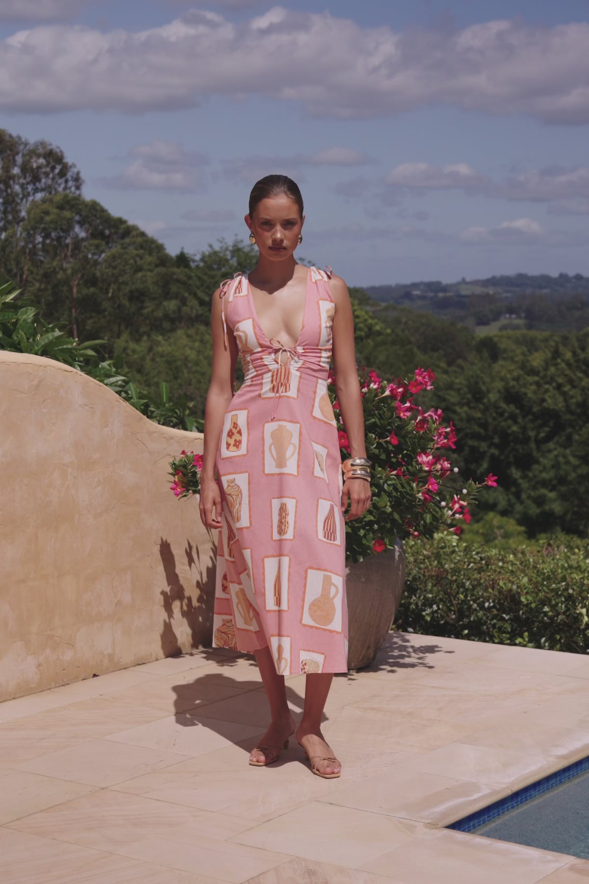 Pink Florero Print V Neck Midi Mira Dress