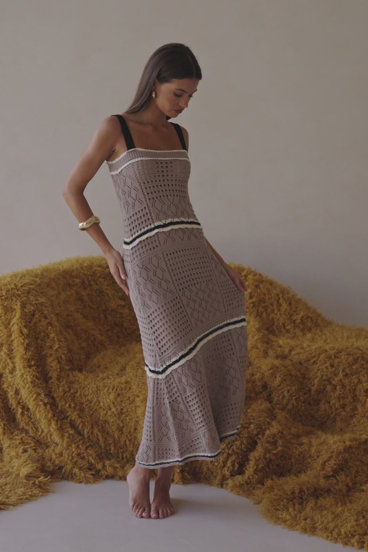 Tan Crochet Knit A Line Maxi Aliana Dress