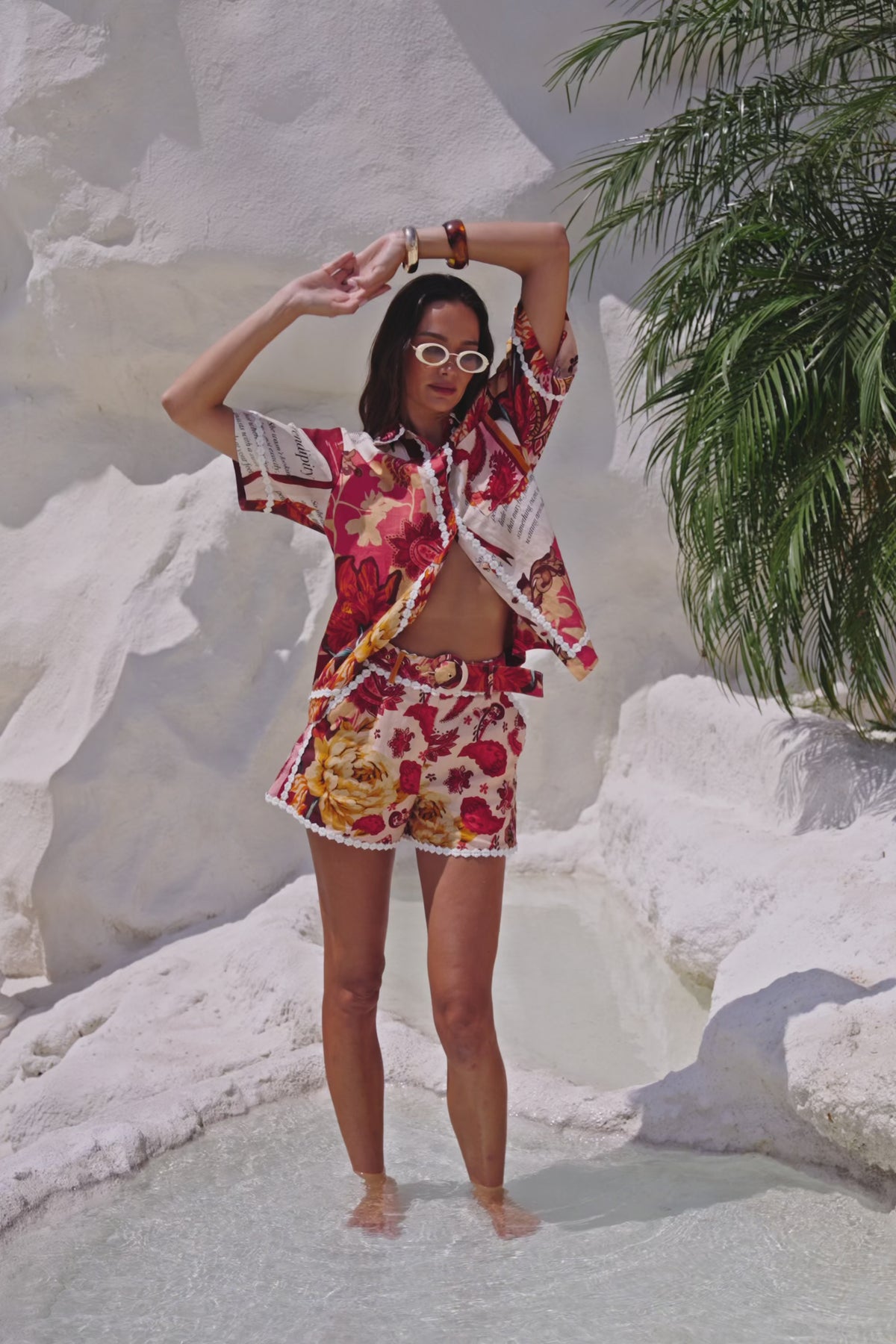 Red Floral Barocca Print Button Up Bia Shirt