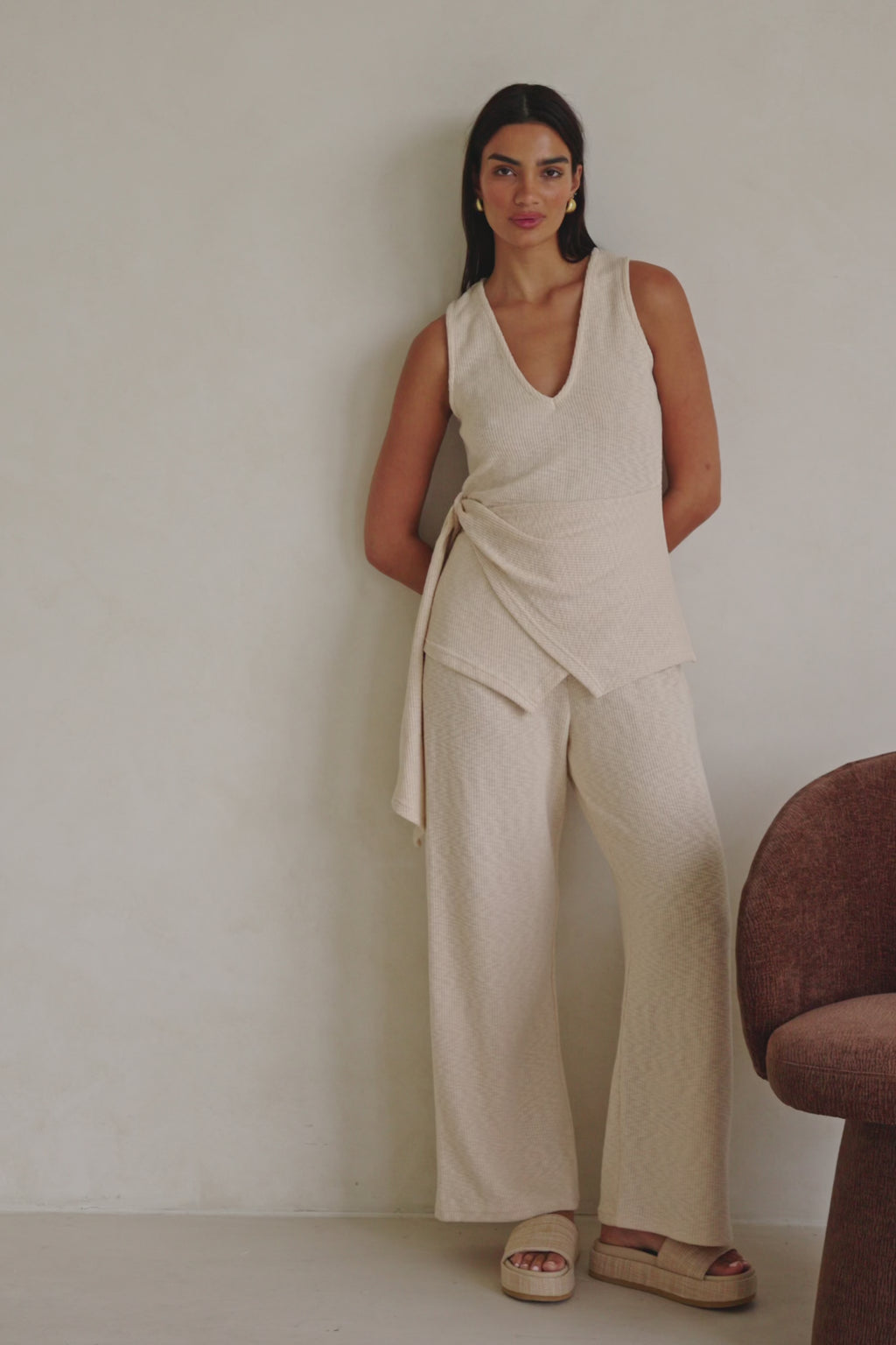 Beige Ribbed V-Neck Wrap Liora Top
