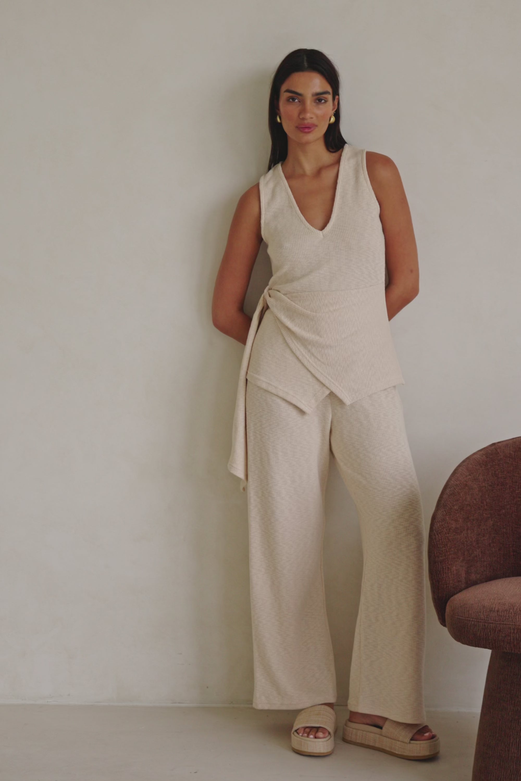 Beige Ribbed V-Neck Wrap Liora Top