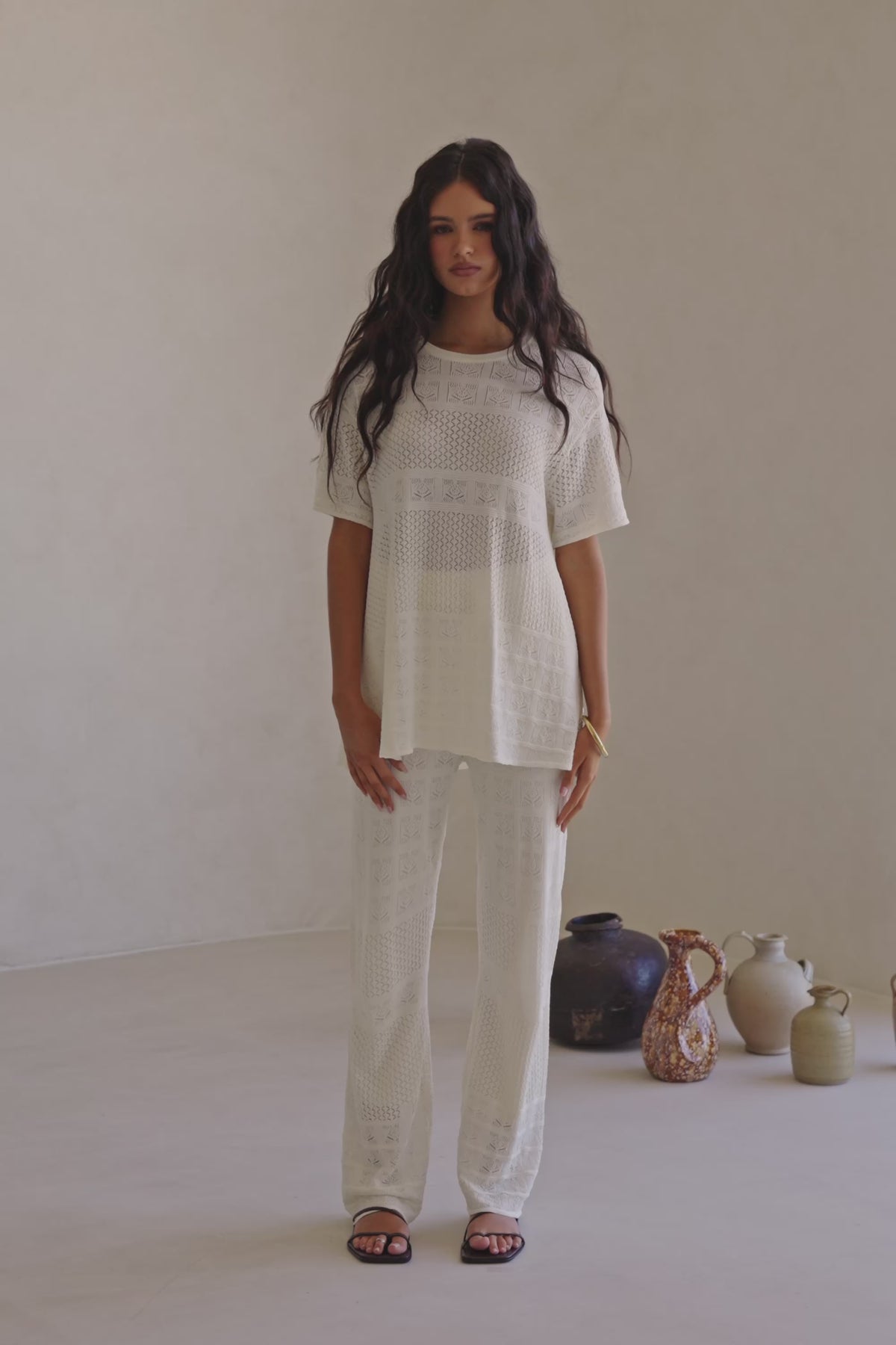 Cream Crochet Elastic High Waist Nixie Pants