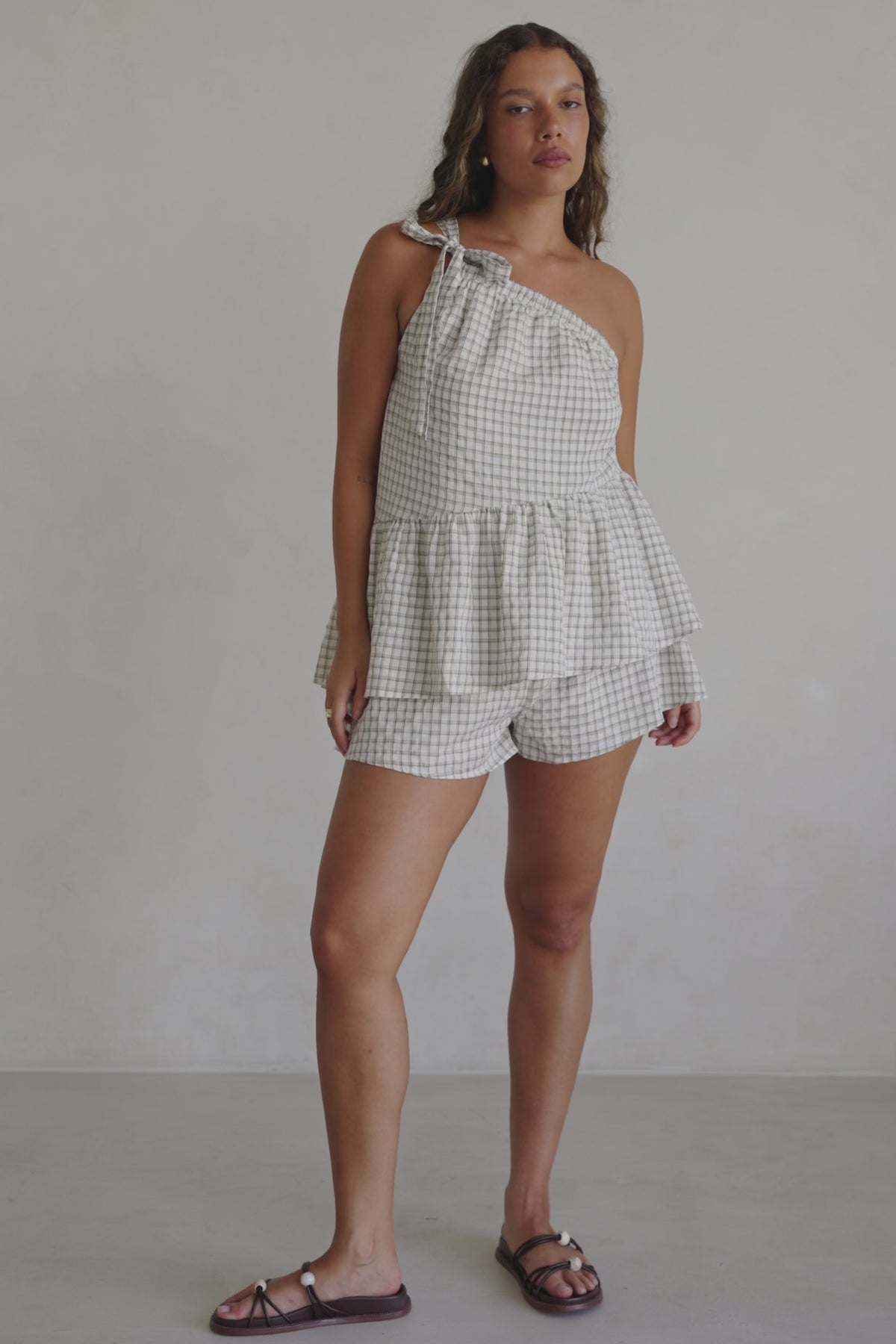 Beige Gingham One Shoulder Backless Charlie Top