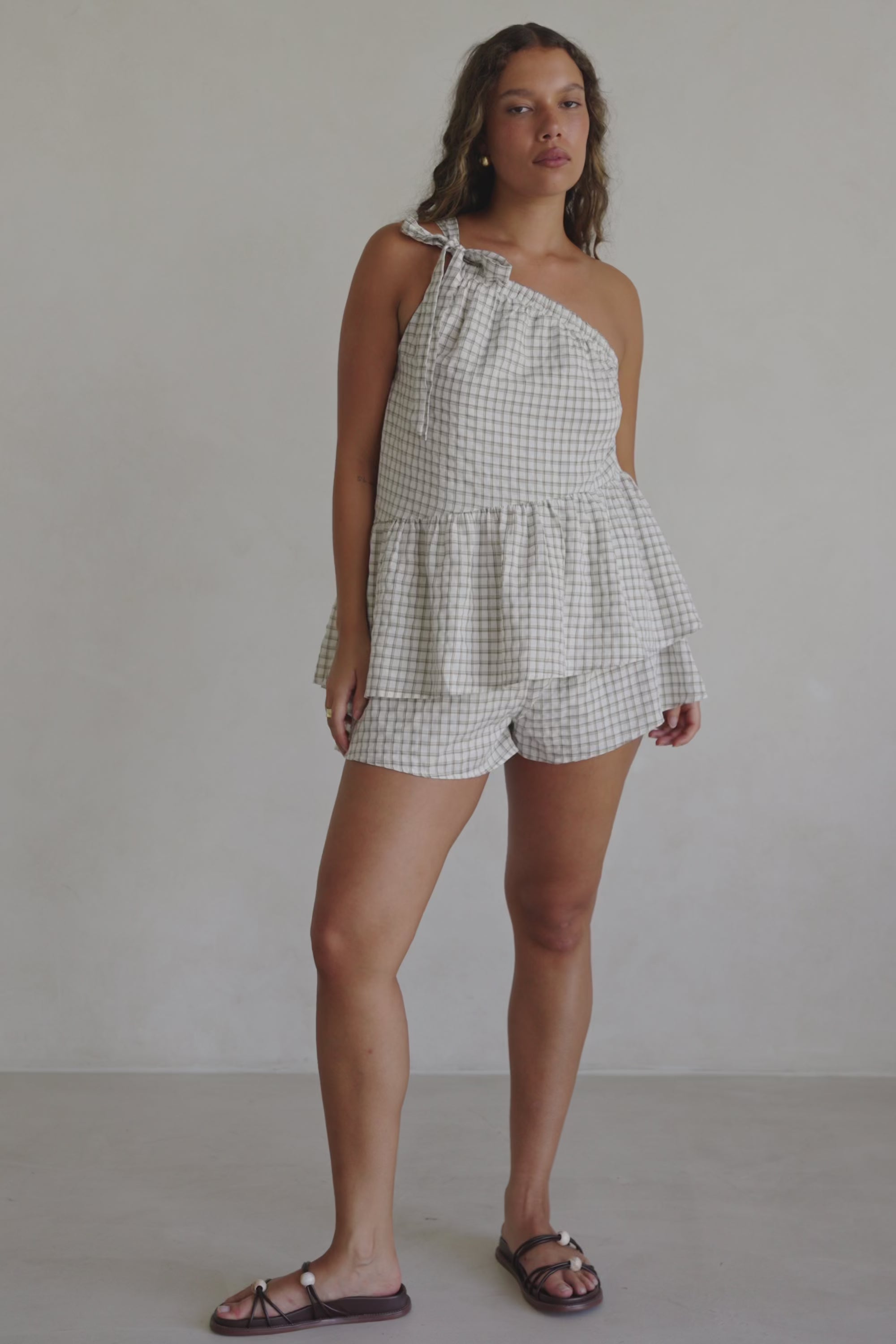 Beige Gingham One Shoulder Backless Charlie Top