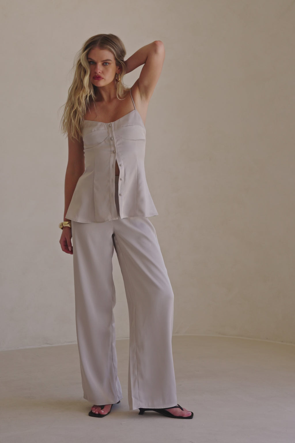 Grey Silky Button Up Strappy Lyla Top