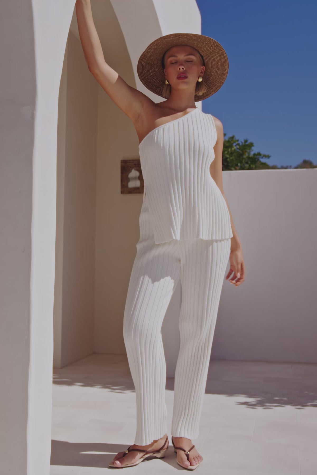 White Ribbed Knit One Shoulder Asymmetric Audri Top