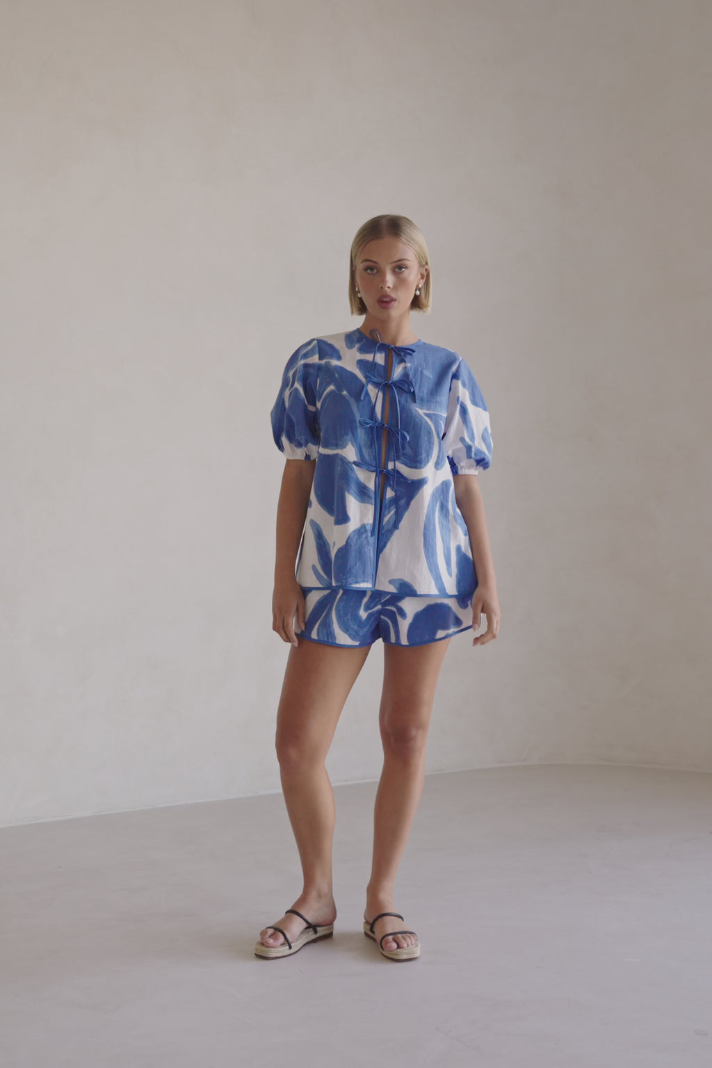 Blue Ada Flora Print Tie Puff Sleeve Pax Top