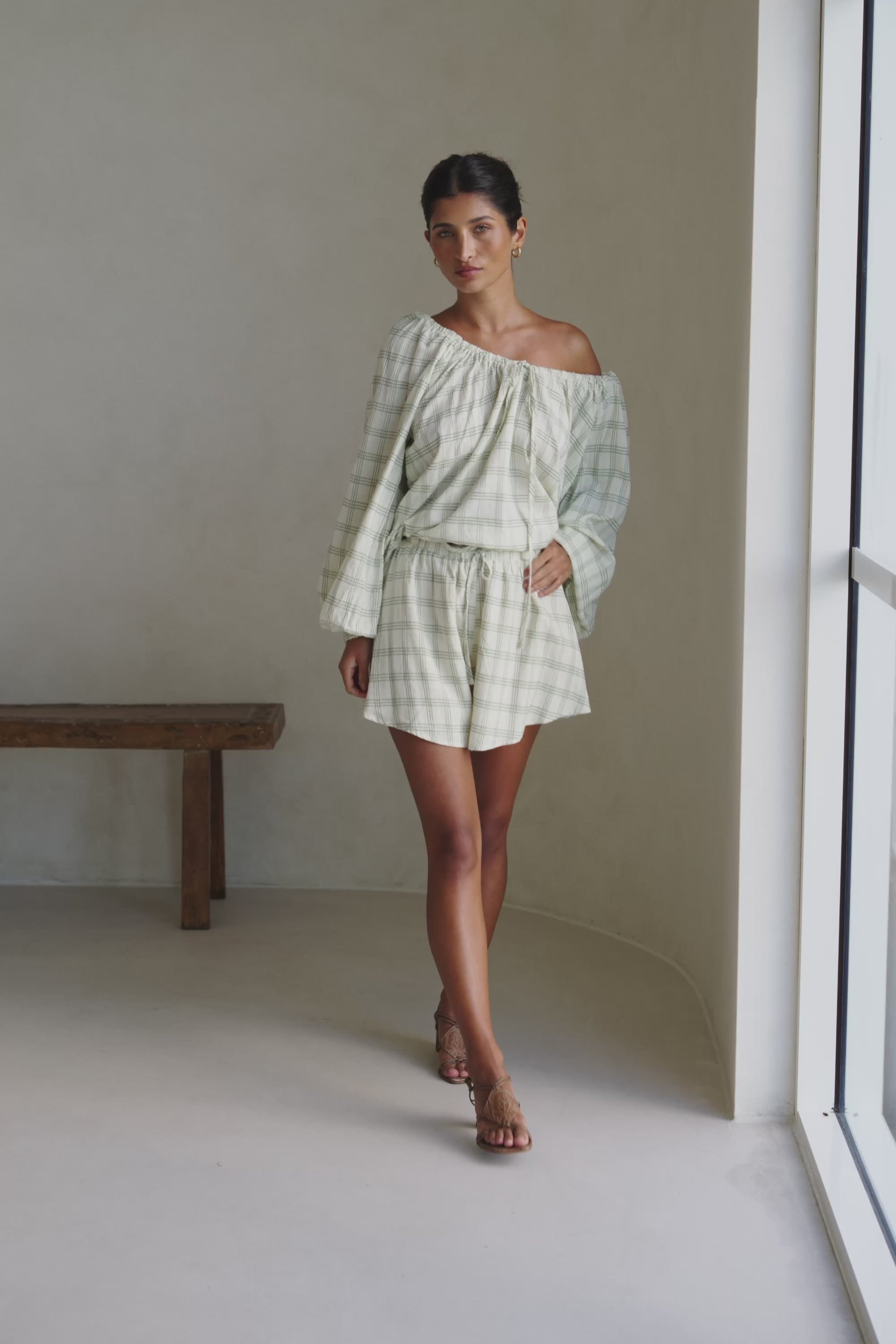 Green Checkered Long Sleeve Front Tie Tilli Top