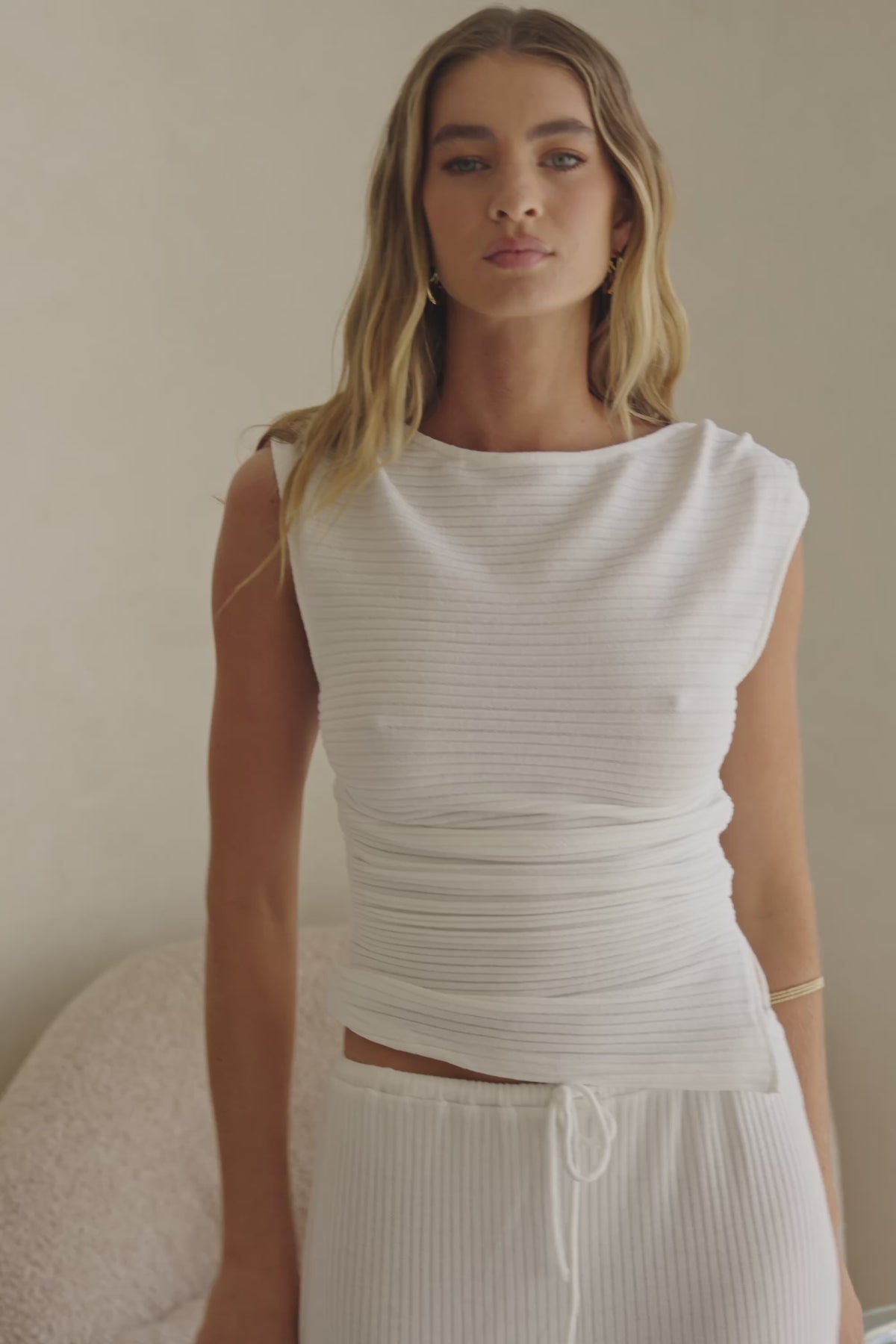 White Ribbed Boat Neck Ruched Detail Deni Top