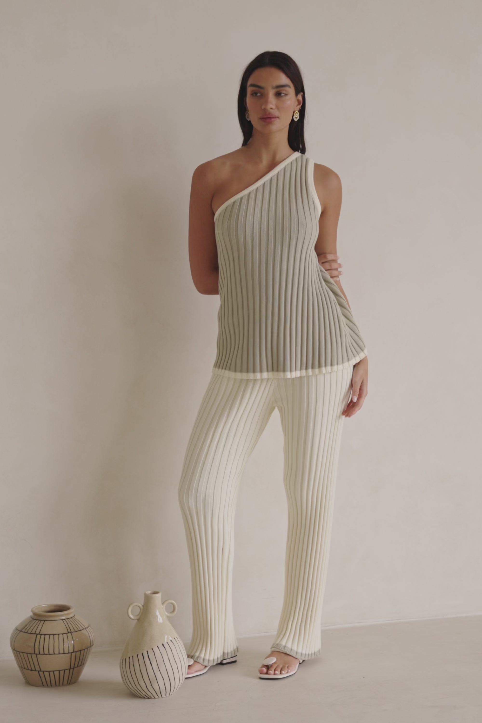 Stone Grey Ribbed Cotton One Shoulder Aylani Top