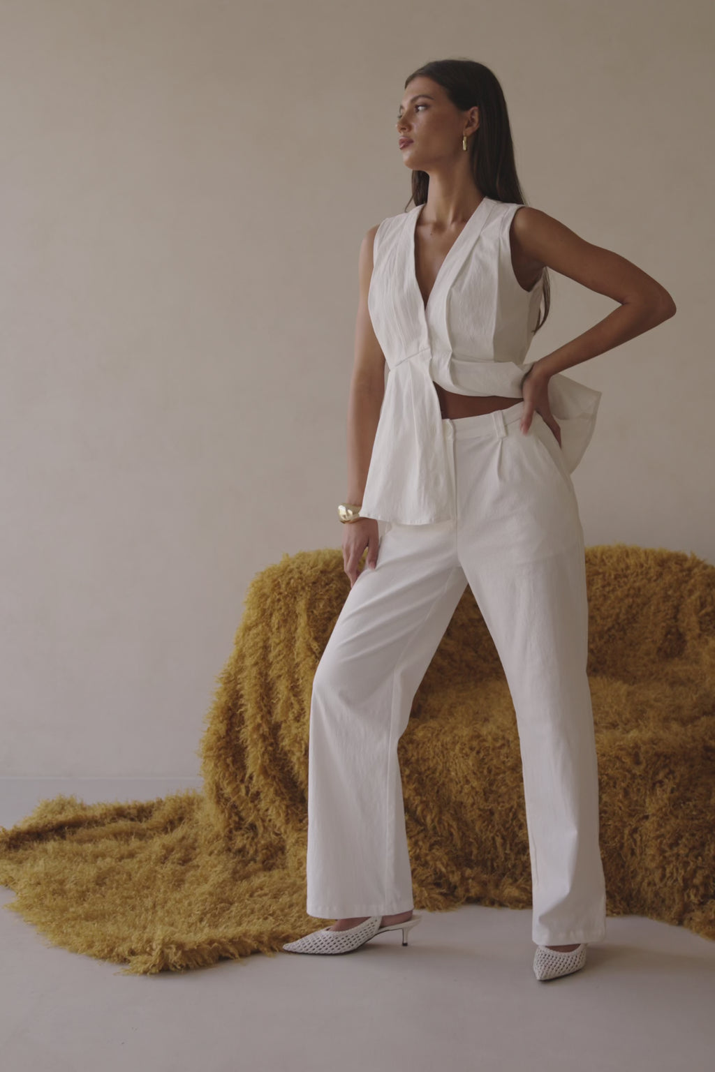White Structured High Waist Vespera Pants