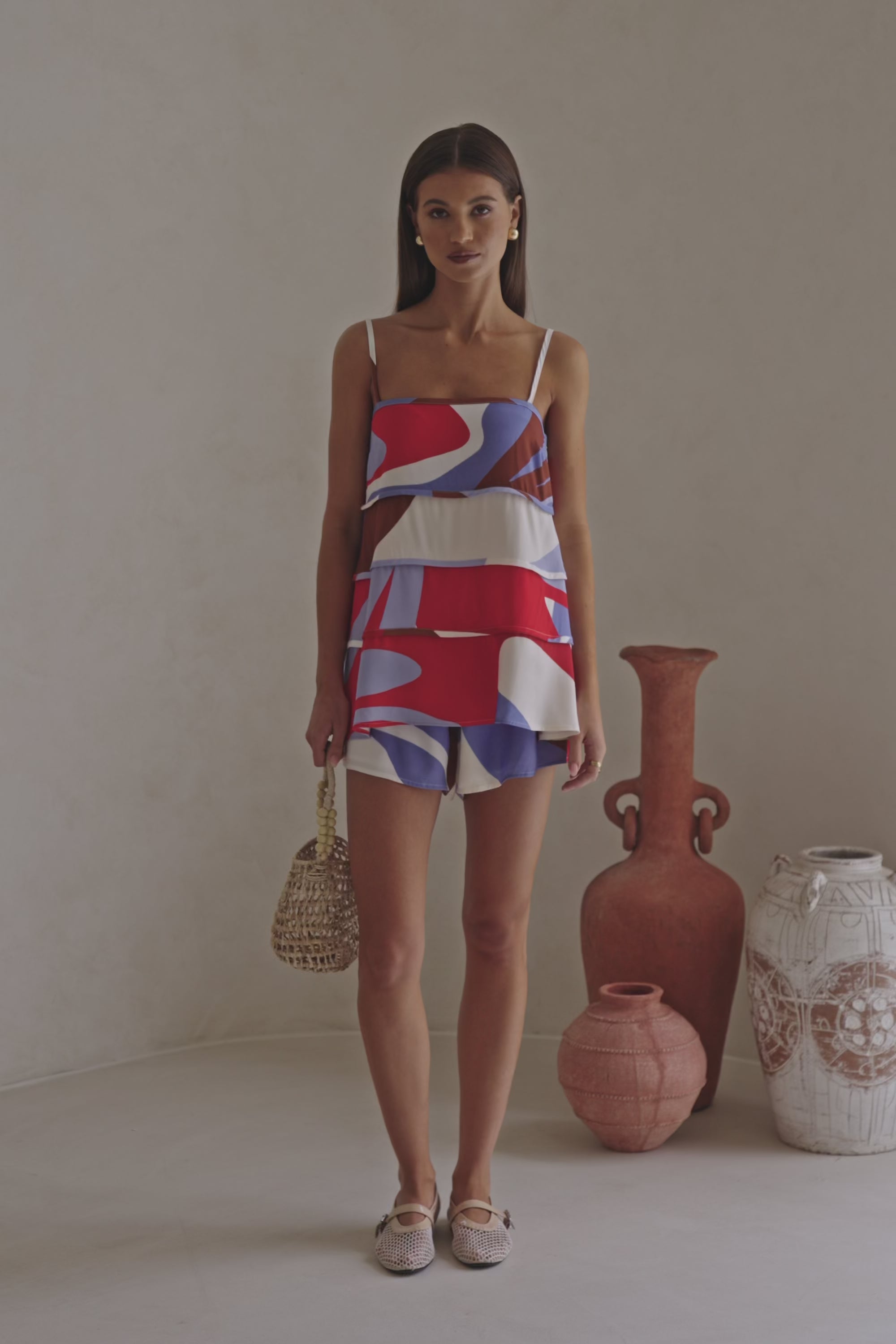 Valley Red Print Strappy Tiered Vian Top