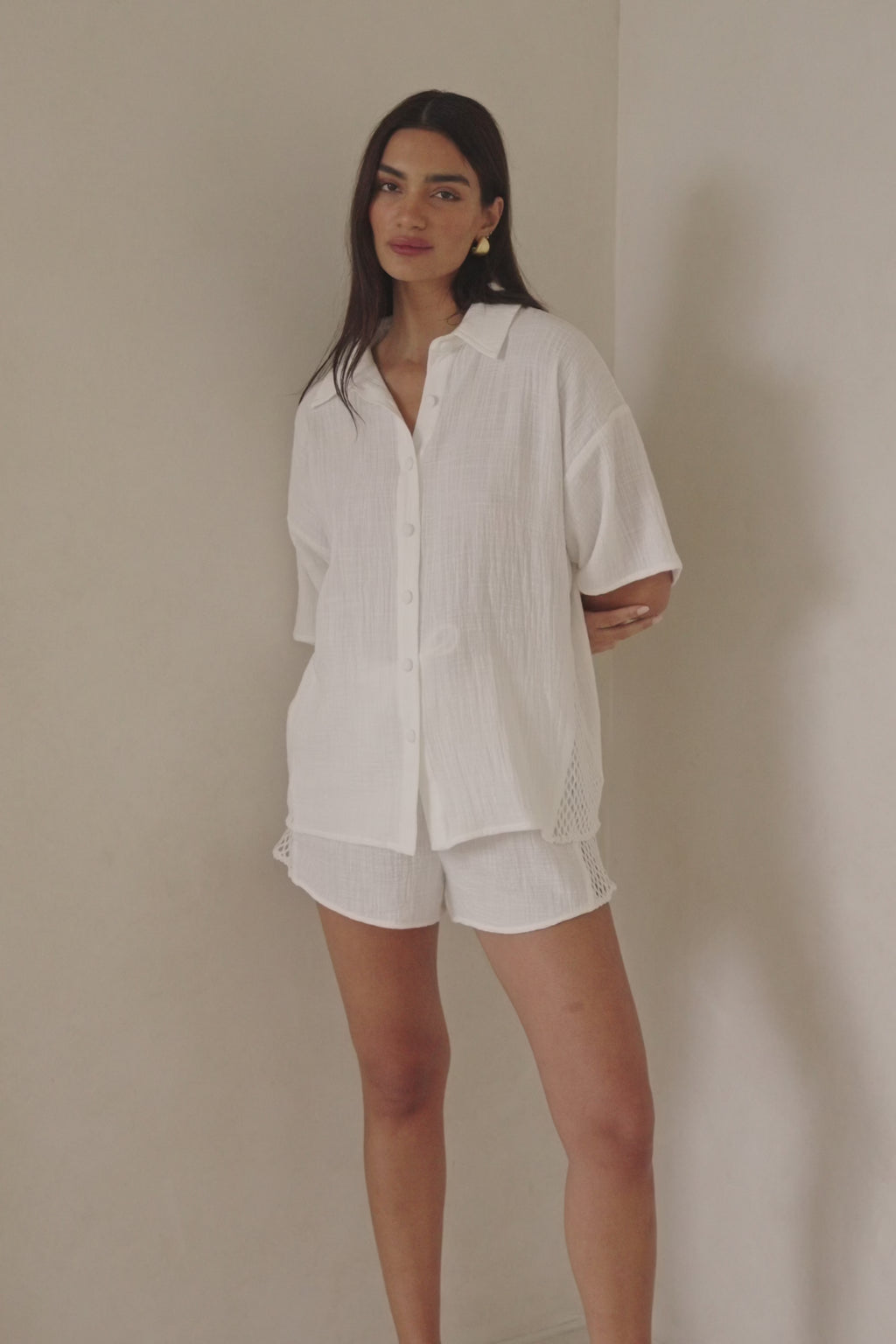 White Cotton Short Sleeve Button Up Inara Top