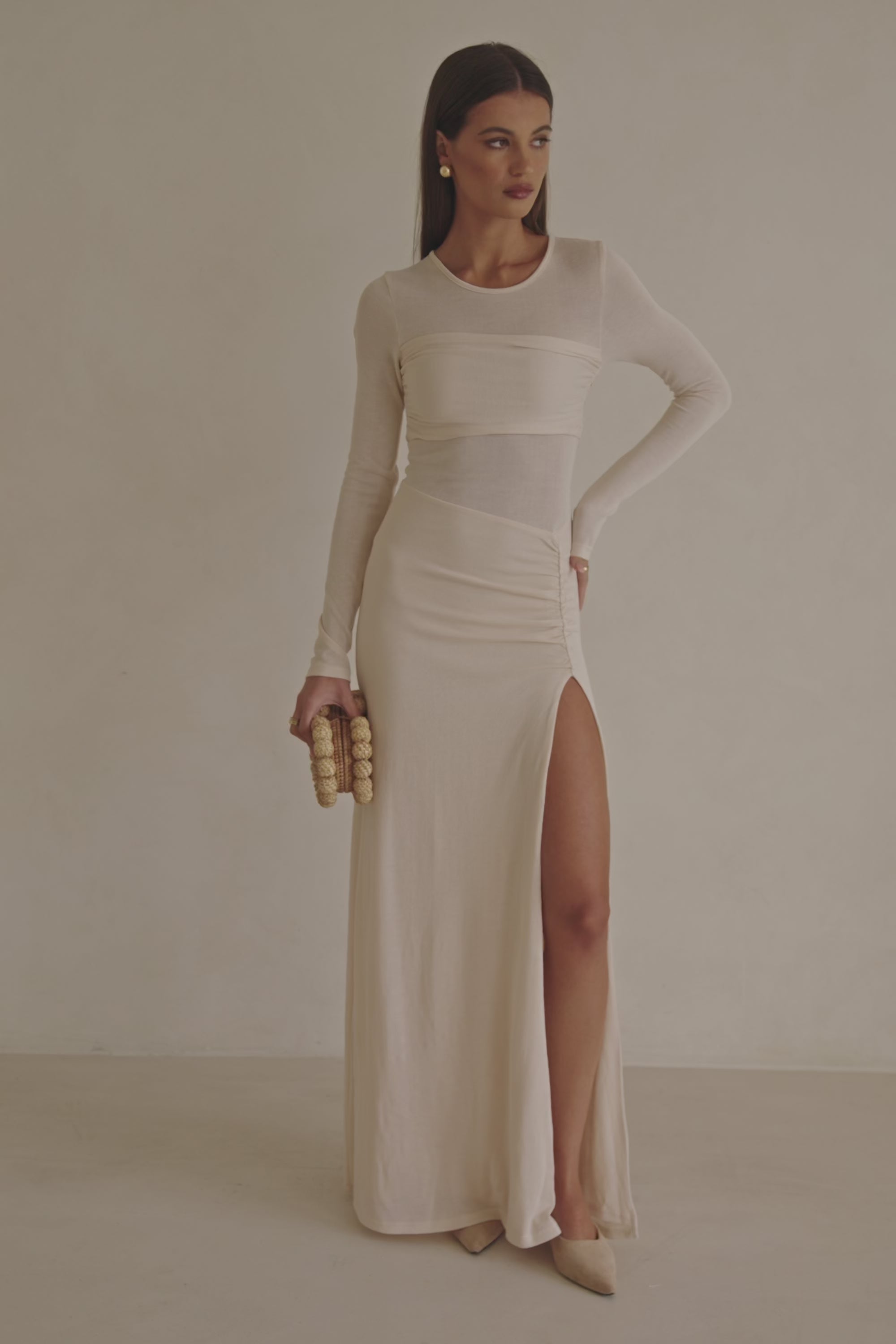 Beige Long Sleeve Slit Maxi Kay Dress 
