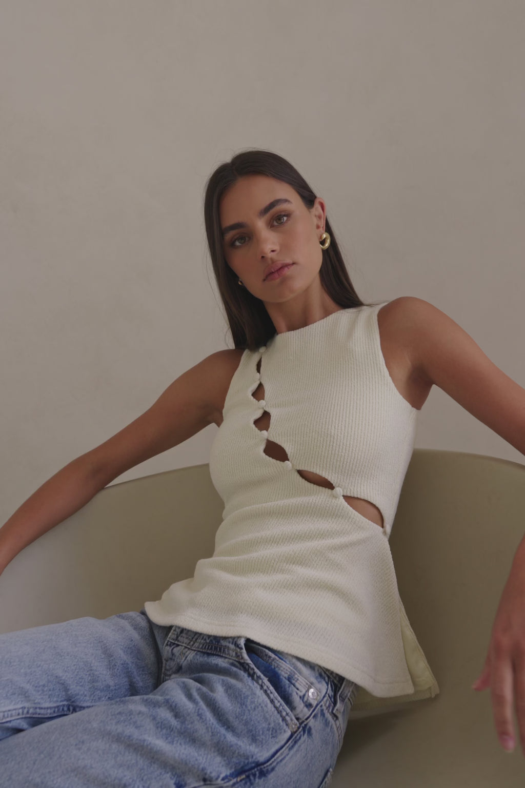 Cream Ribbed Cutout A-Line Bronte Top