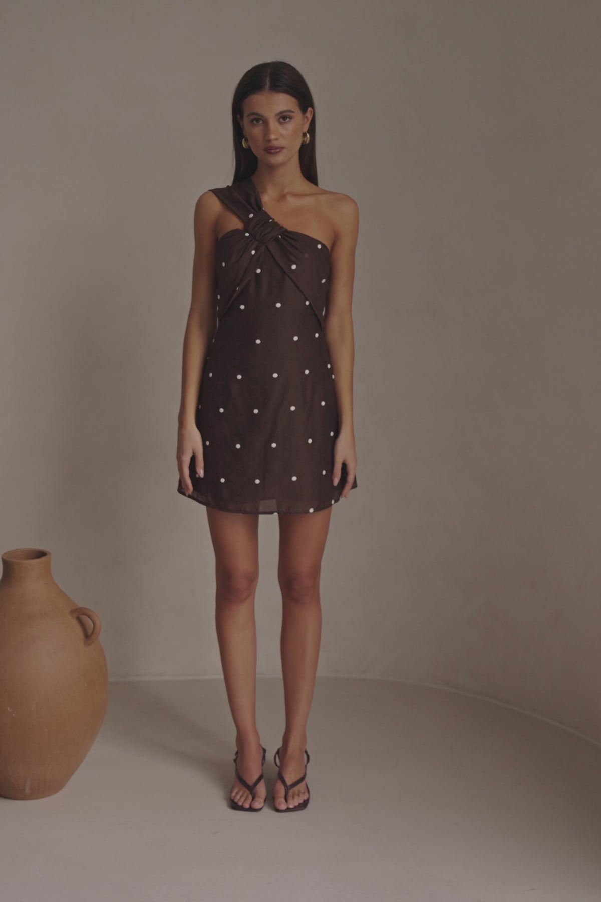 Chocolate Speck Polka Dot One Shoulder Mini Dimmi Dress