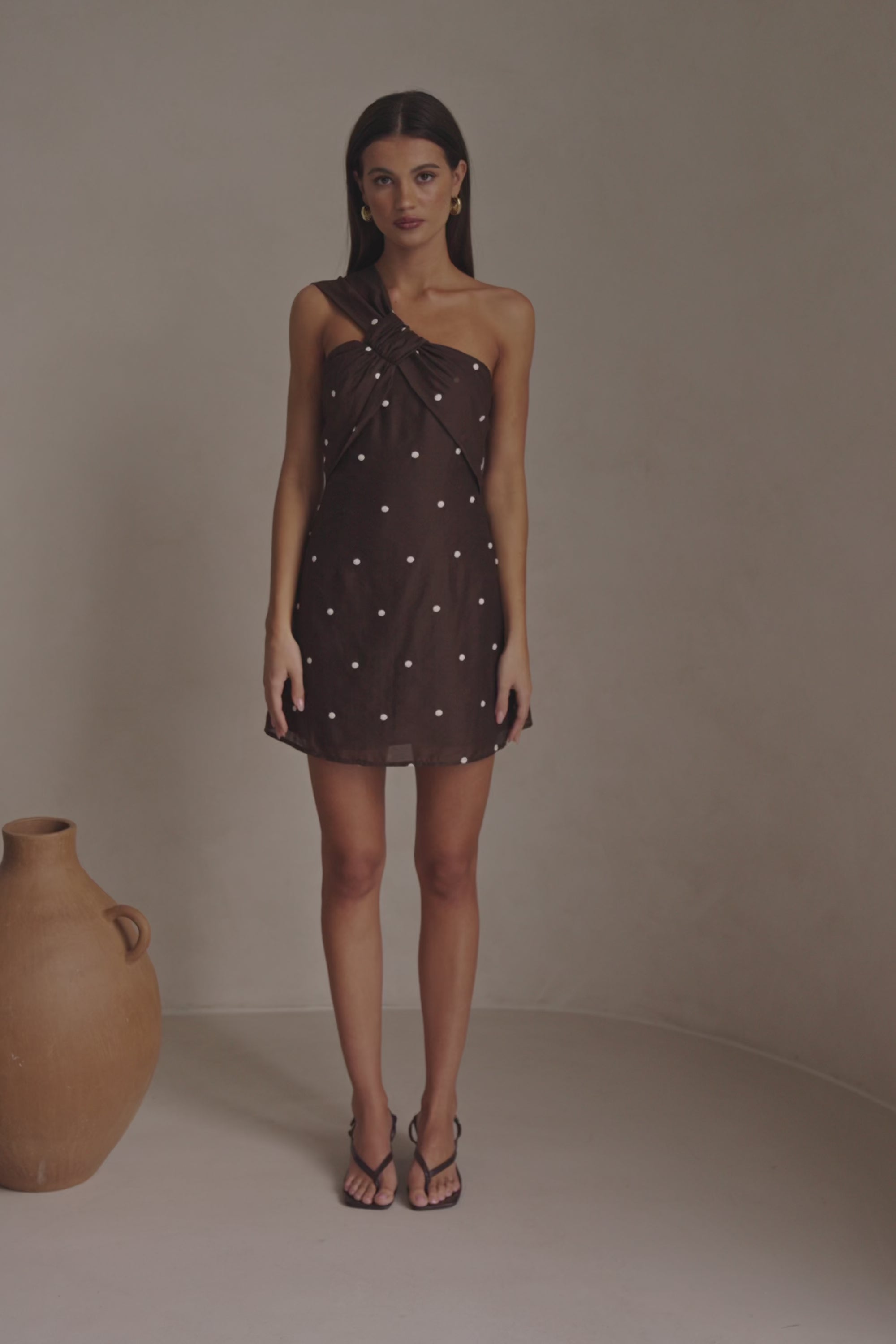 Chocolate Speck Polka Dot One Shoulder Mini Dimmi Dress