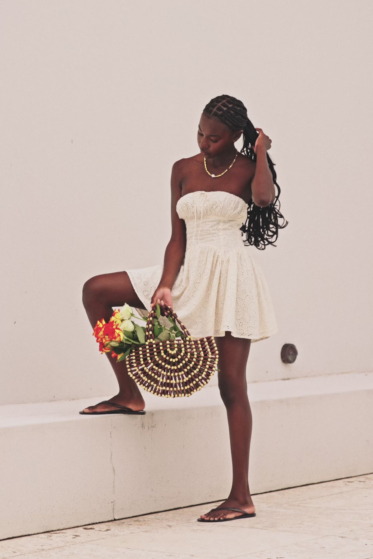 White Broderie Strapless Flouncy Mini Aura Dress