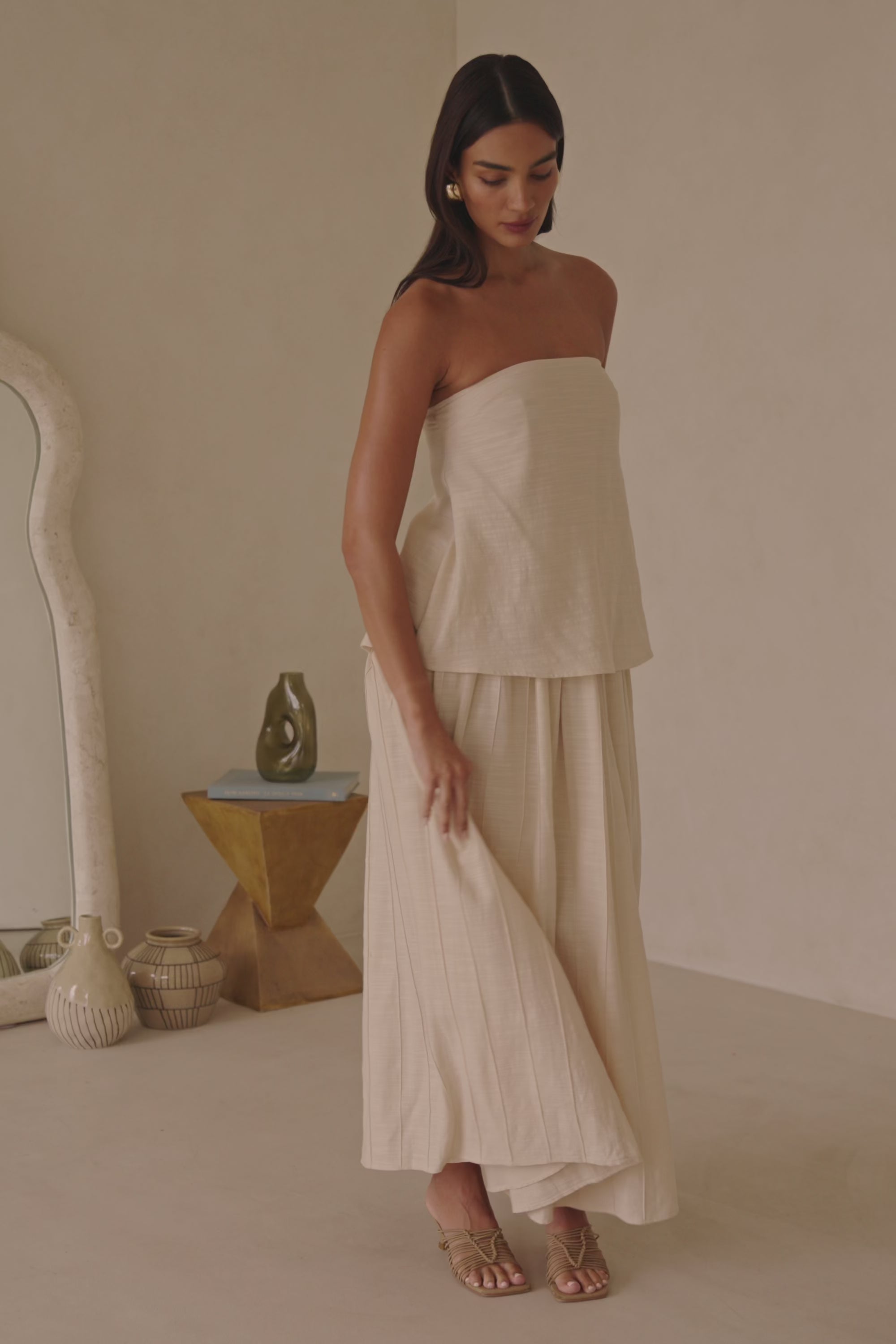 Beige Boxy Pleated Maxi Aviana Dress