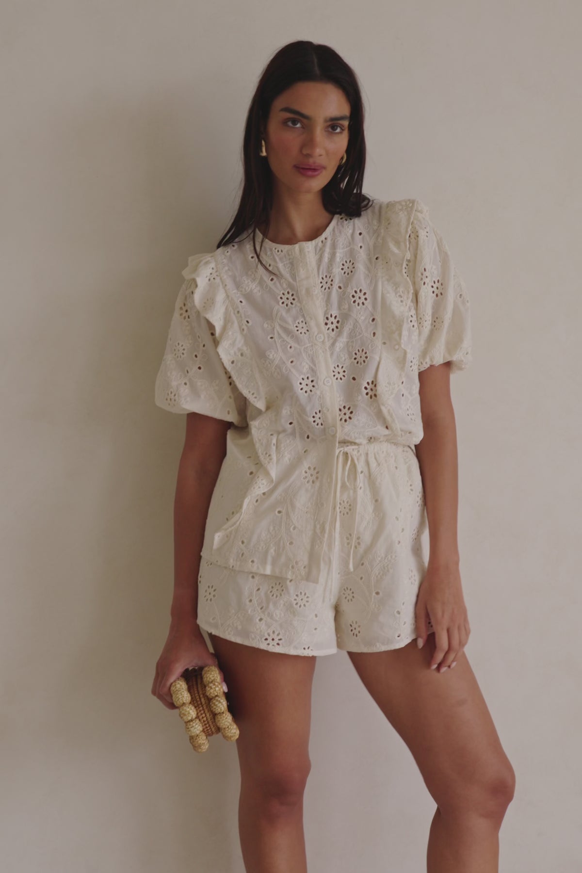 Beige Broderie Drawstring Wynter Shorts